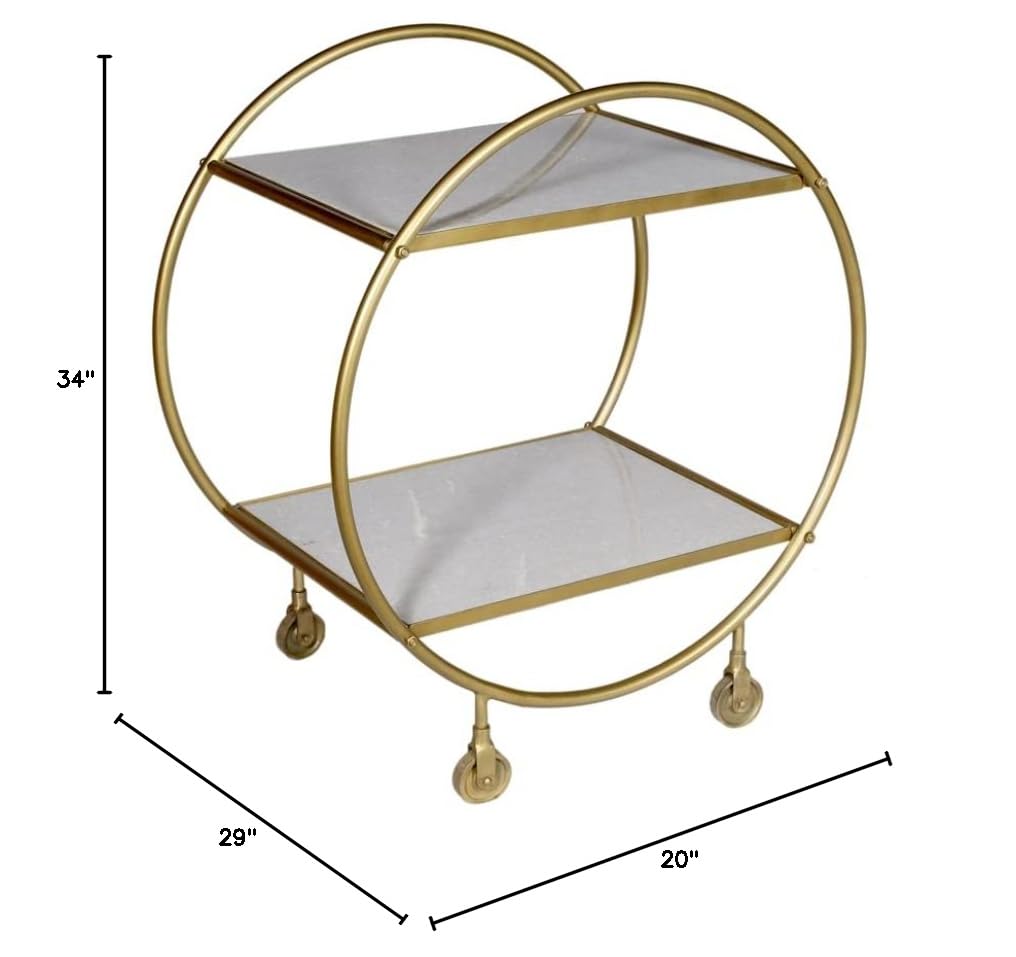 Millie Bar Cart with 2-Tier Marble Top & Cast Iron Frame - Gold Finish | Rolling Drink Cart for Home Bar, Kitchen, or Party Serving