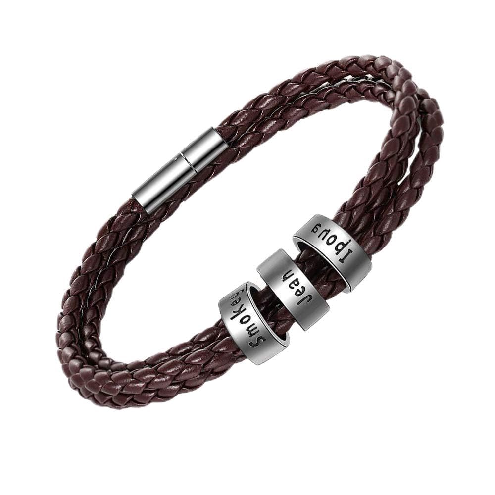 925 Sterling Silver Personalized Men's Leather Bracelet - Custom Engraved Black Braided Bracelet with Small Beads - Family Name Jewelry Gift for Husband, Father, Son - Perfect for Anniversary, Birthday & Everyday Wear