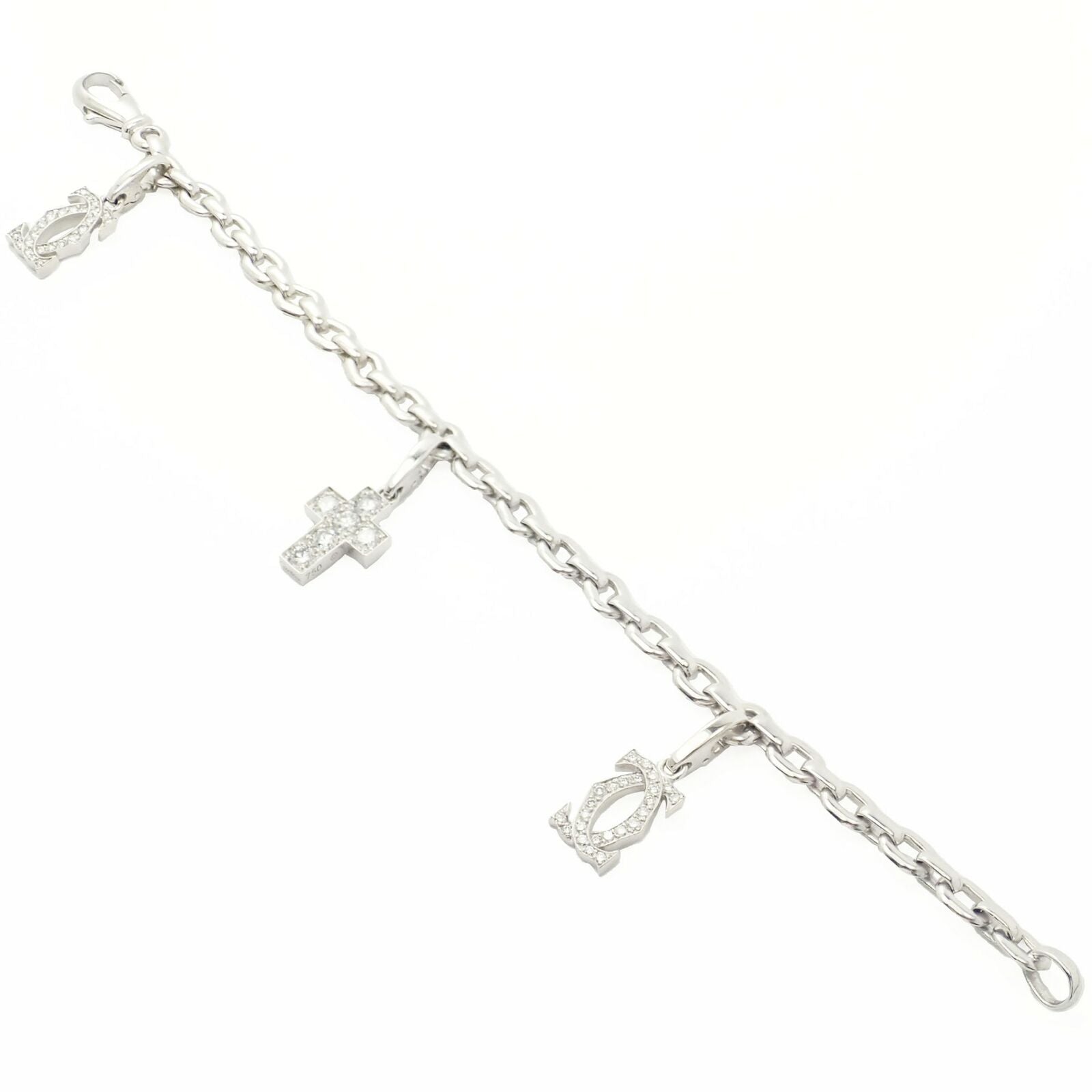 Authentic Cartier 18k White Gold 3 Charm Bracelet with Diamond Cross Double C's - Luxury Jewelry Gift for Women, Anniversary & Special Occasions