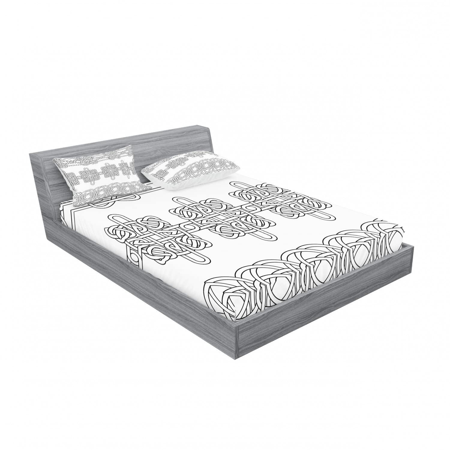Ambesonne Irish 2-Piece Queen Size Fitted Sheet Set with 4 Pillow Shams - Black & White Indigenous Stencil Art Bedding Collection | Soft & Breathable for Cozy Bedroom Decor, Guest Room Essentials, Hotel Style Luxury Linens