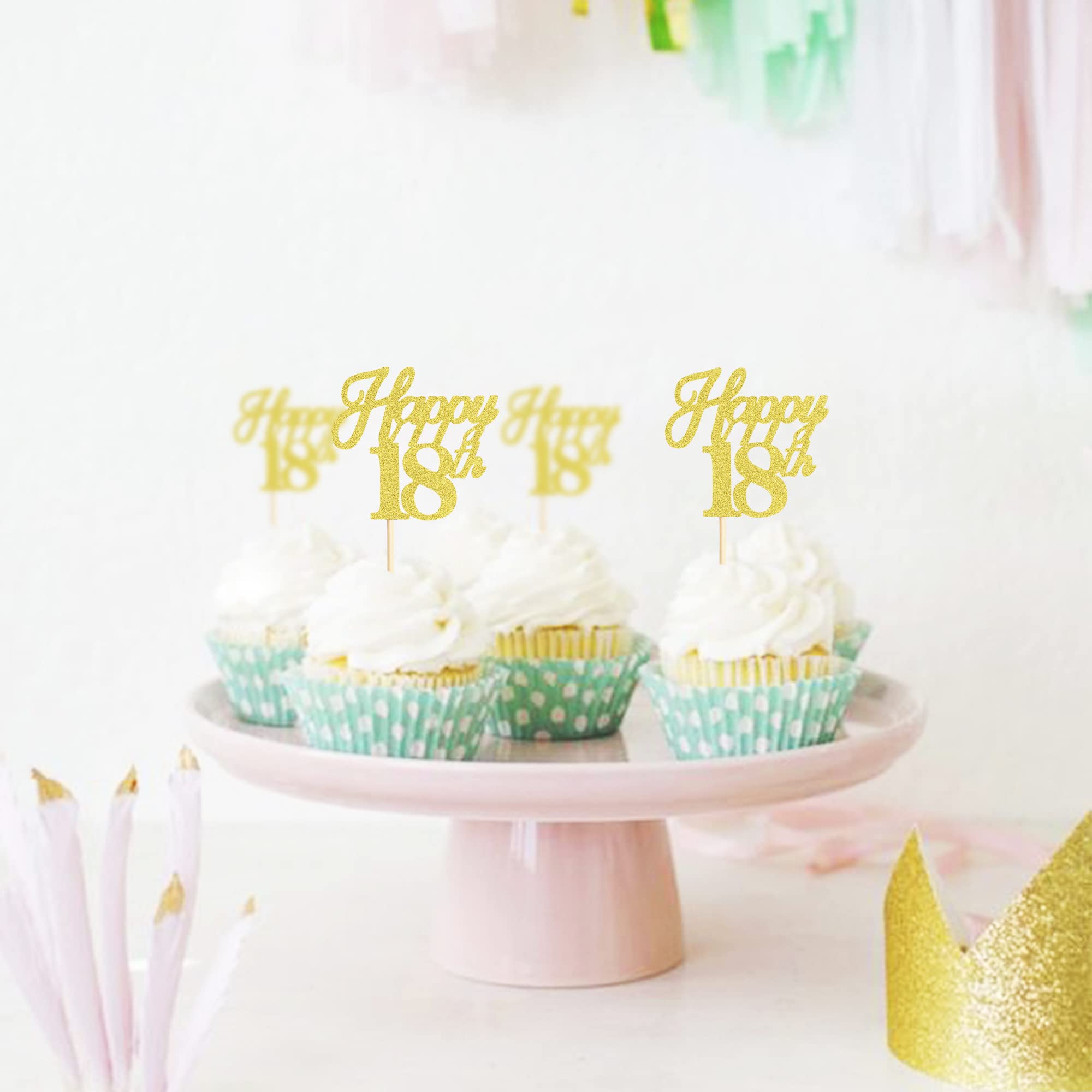Ercadio 24 Pack Gold Glitter 18th Birthday Cupcake Toppers - Cheers to 18 Cake Decorations for Wedding, Anniversary & Party Supplies | Perfect for Sweet 16, Graduation & Milestone Celebrations