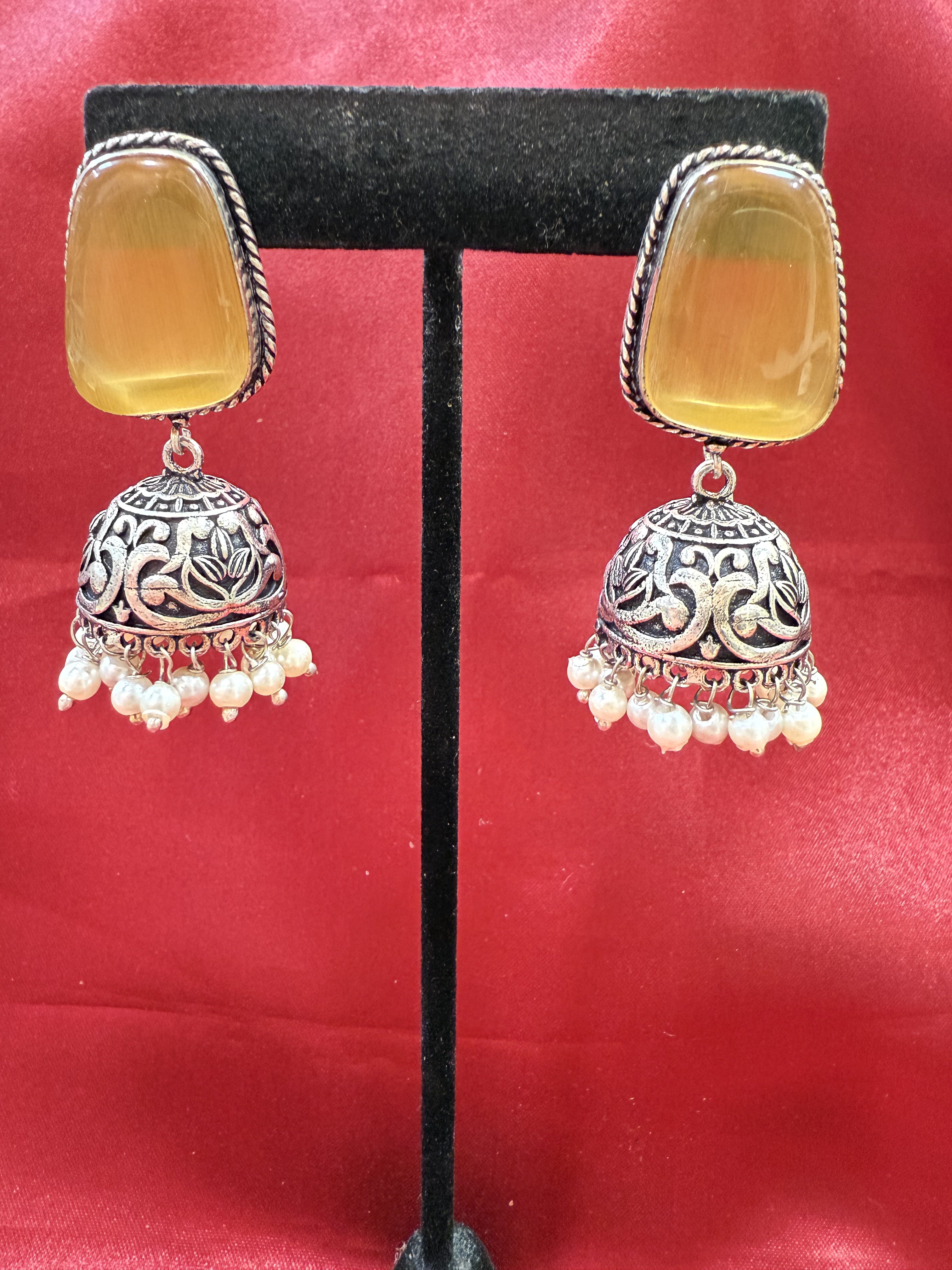 Oxidized Yellow Stone Jhumka Earrings with White Bead Hangings - Boho Ethnic Jewelry for Women, Party Wear, Wedding & Festive Occasions