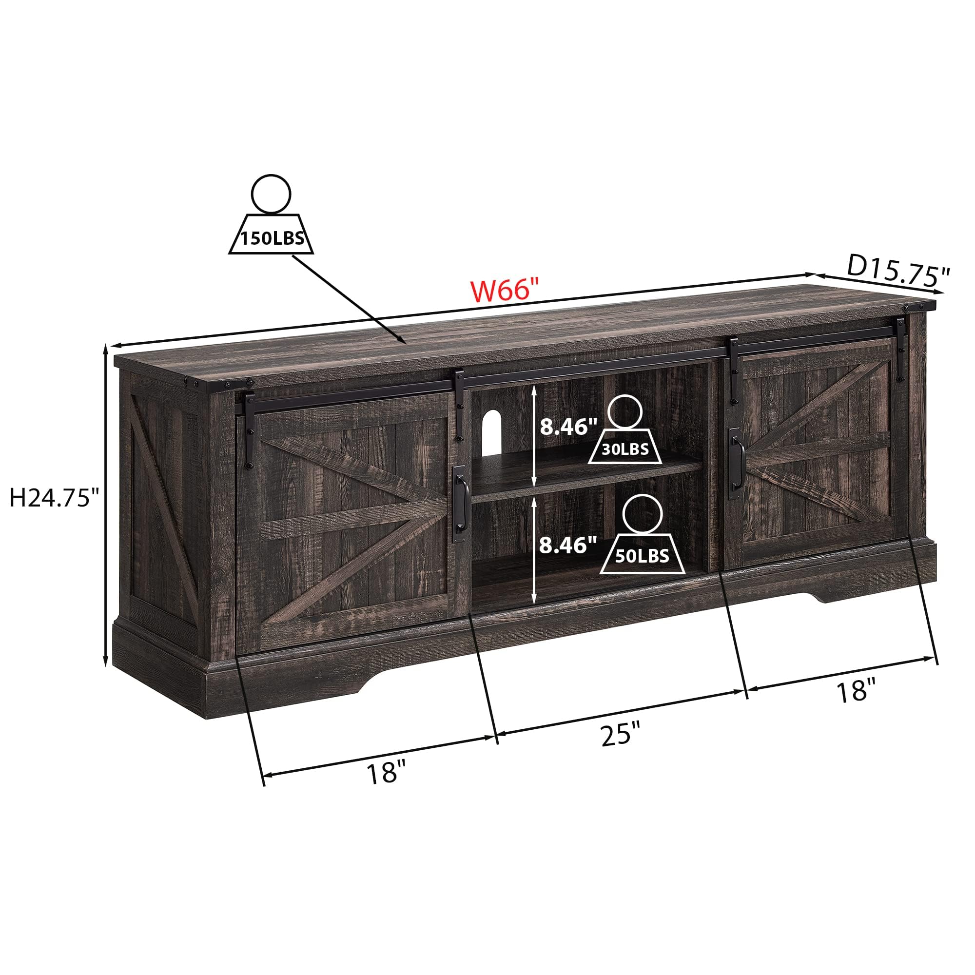 Rustic Farmhouse TV Stand for 75 Inch TV - Wood Entertainment Center with Sliding Barn Doors & Storage Shelves - Dark Oak Media Console Cabinet for Living Room, Home Theater, and Family Room Decor