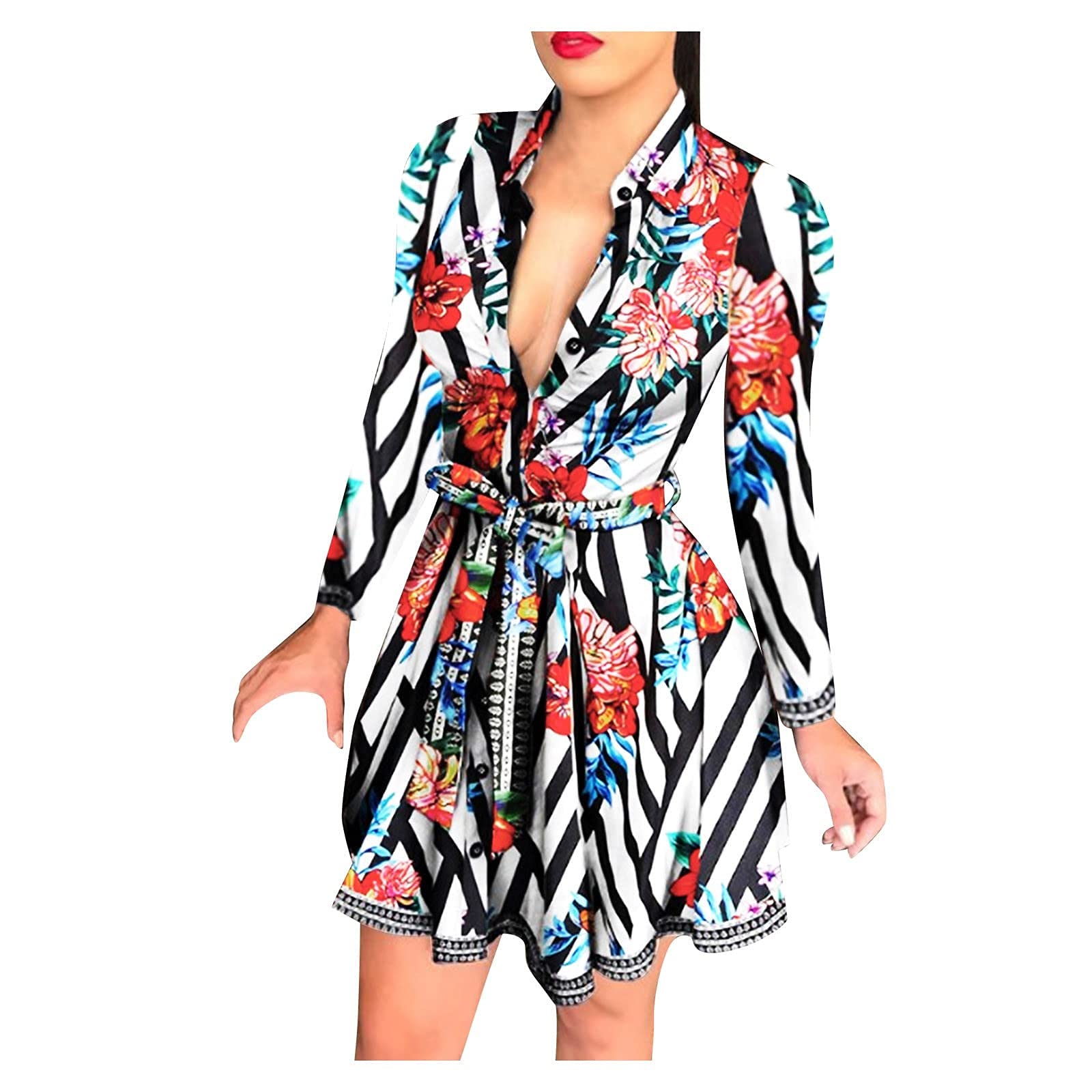 Women's Mini Shirt Dress - Casual Floral Button Down Blouse with Long Sleeves, V-Neck & Belt | Perfect for Spring Outfits, Office Wear & Date Nights