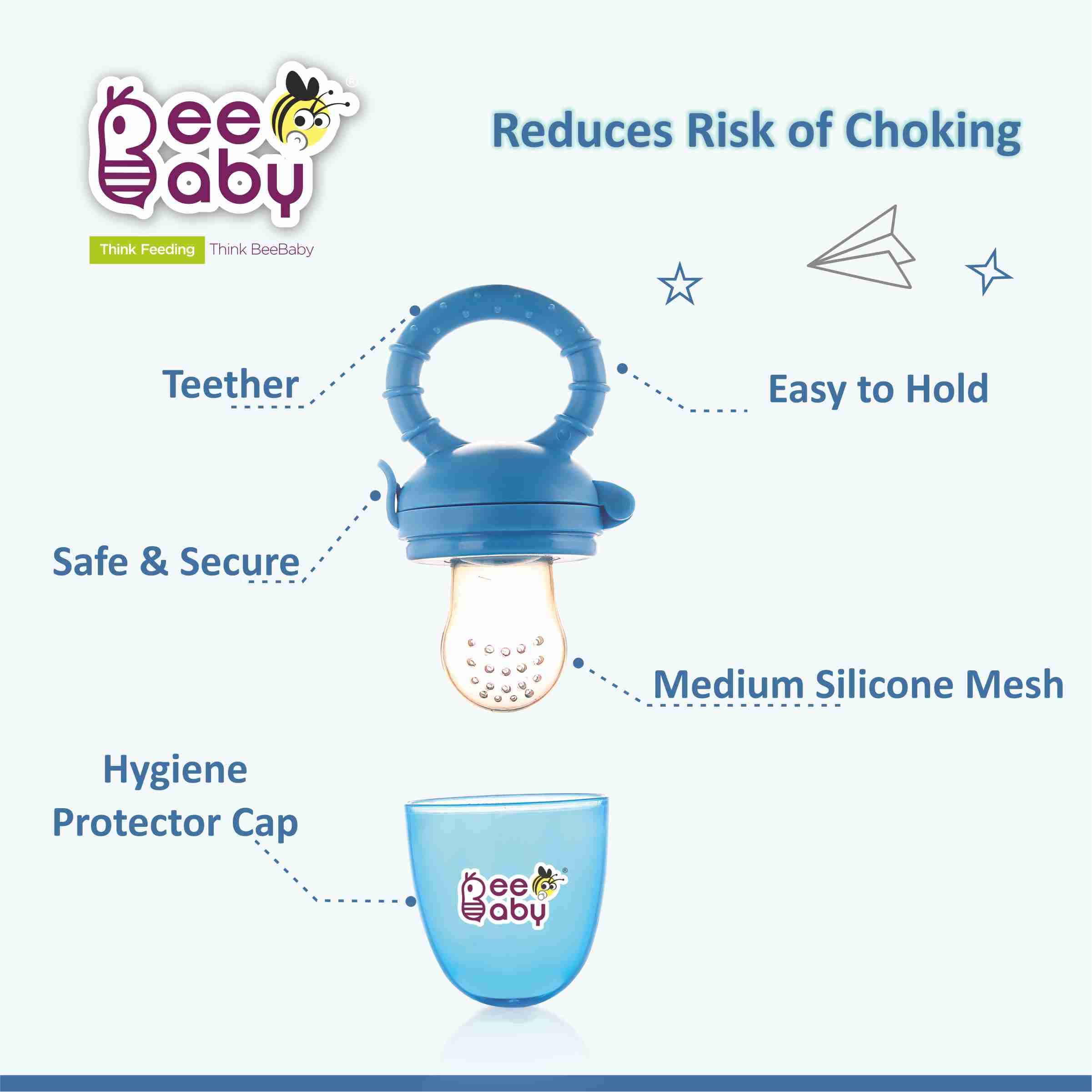 BeeBaby Soft Silicone Baby Food Feeder with Extra Mesh - Safe Anti-Choking Fruit Pacifier & Teether for Infants 3+ Months | 100% BPA Free | Perfect for Purees, Fruits & Teething Relief (Fruttino - Blue)