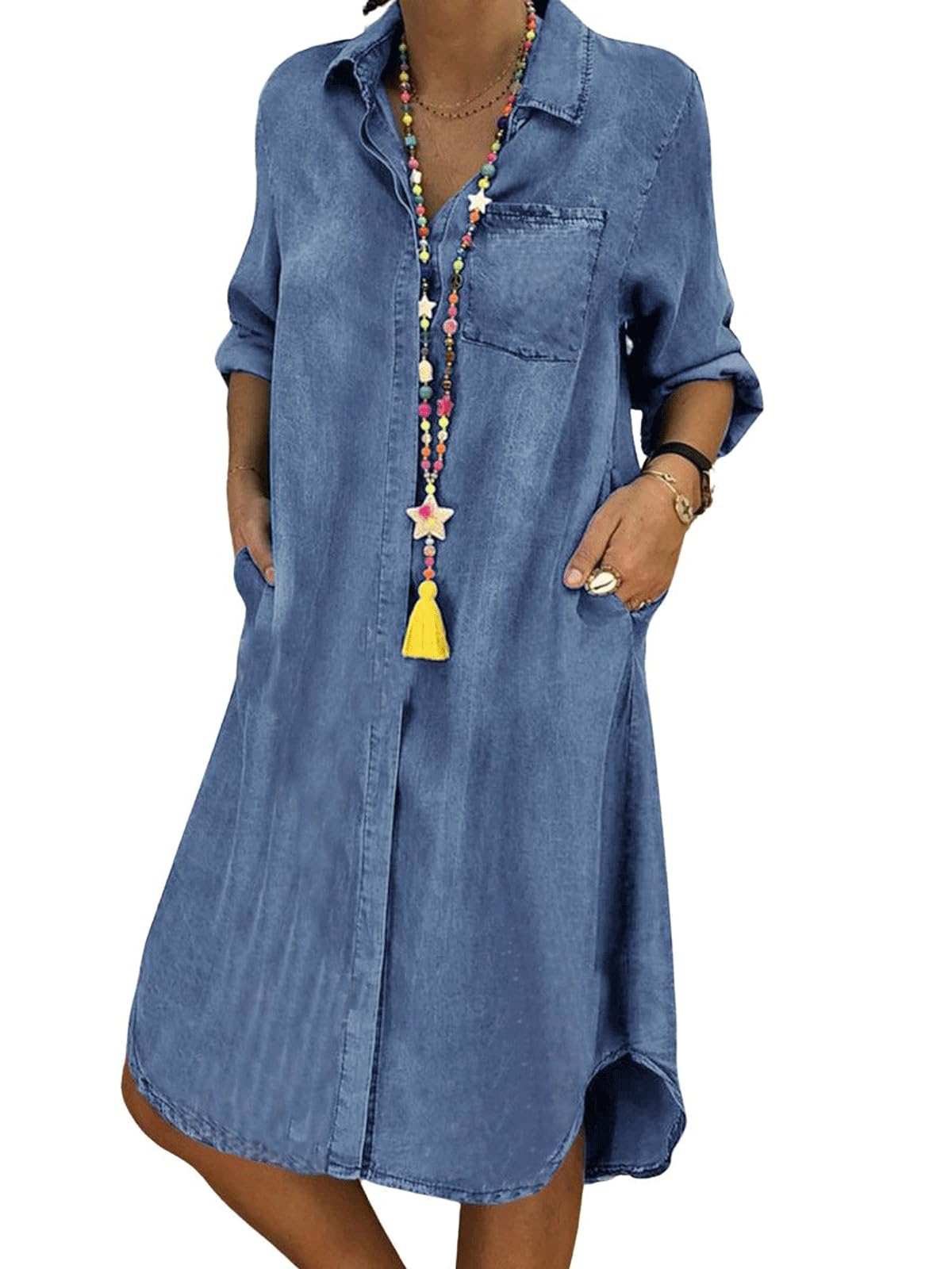 UTCoco Women's Vintage Denim Dress 2025 - Casual Loose Fit Long Sleeve Button Down Jean Shirt Dress with Pockets | Perfect for Everyday Wear, Office & Date Nights