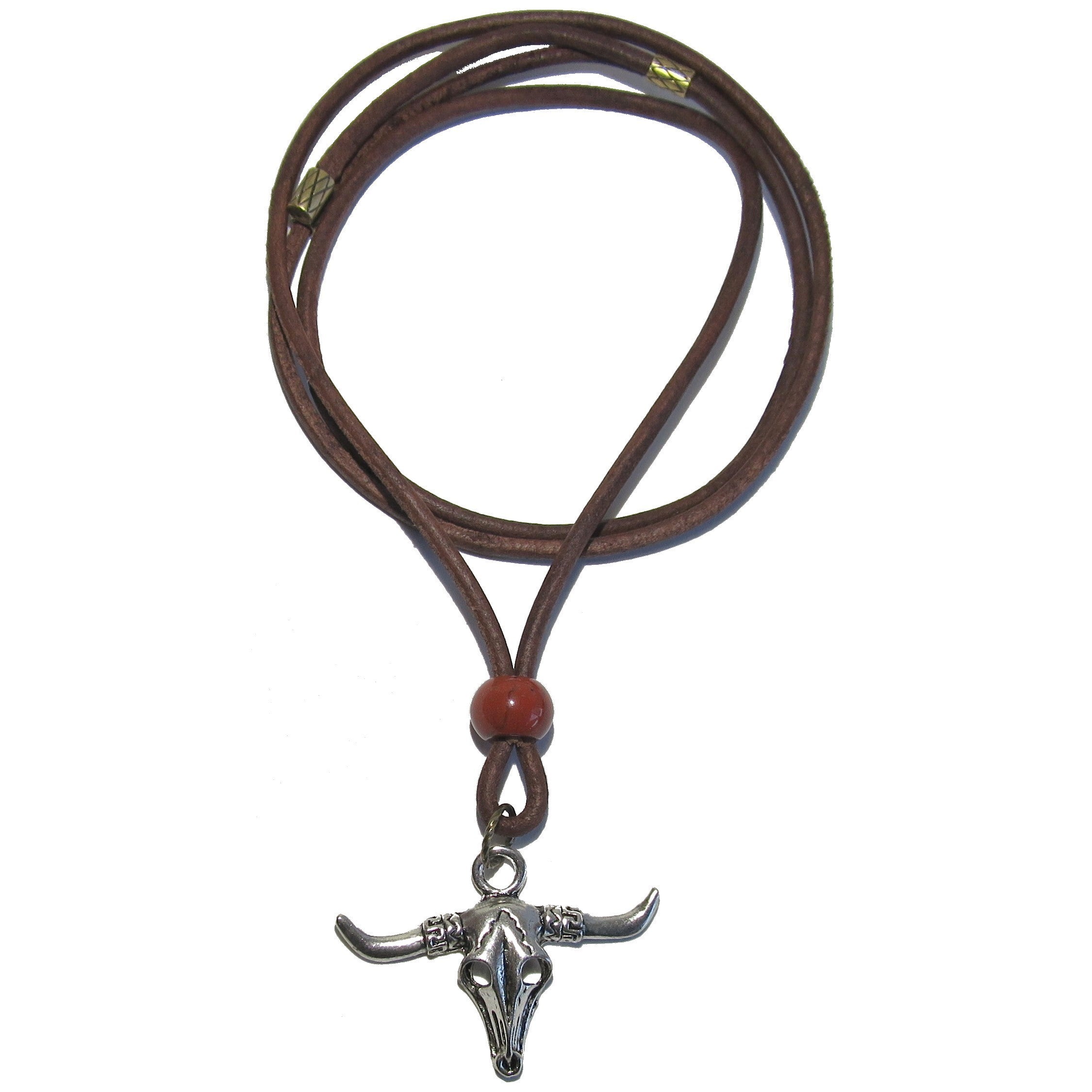 Red Jasper Stone Necklace with Wild West Bull Skull Charm & Brown Leather Cord - Western Boho Jewelry for Women, Cowgirl Fashion Accessory, Festival Outfit, Gift for Her