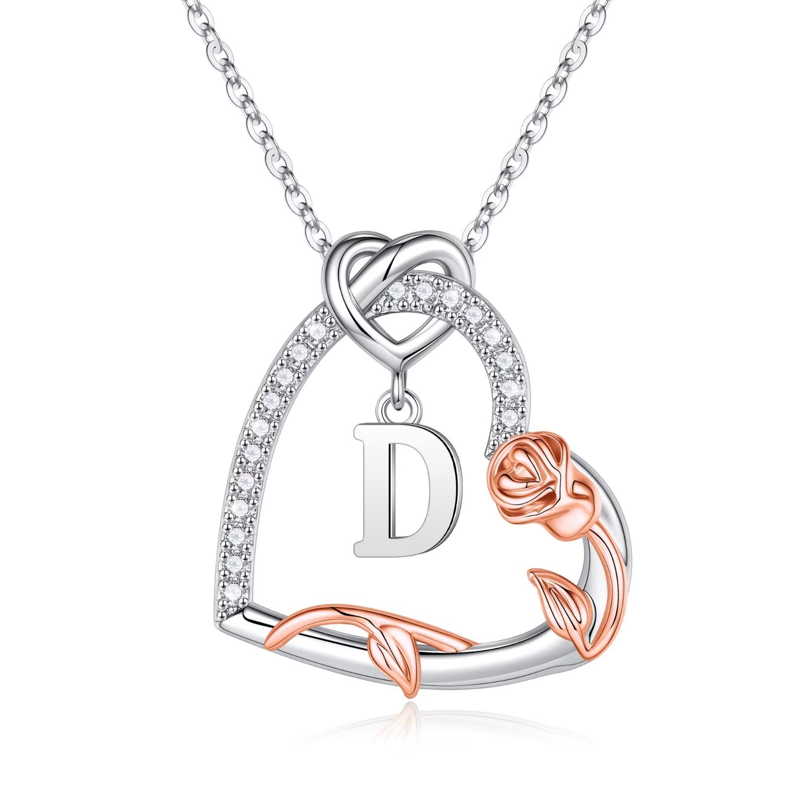 925 Sterling Silver Rose Heart Initial Necklace for Women - Personalized Anniversary Birthday Gift for Wife, Girlfriend, Mom, Daughter | Romantic Jewelry for Valentine's Day, Mother's Day, Wedding Proposal