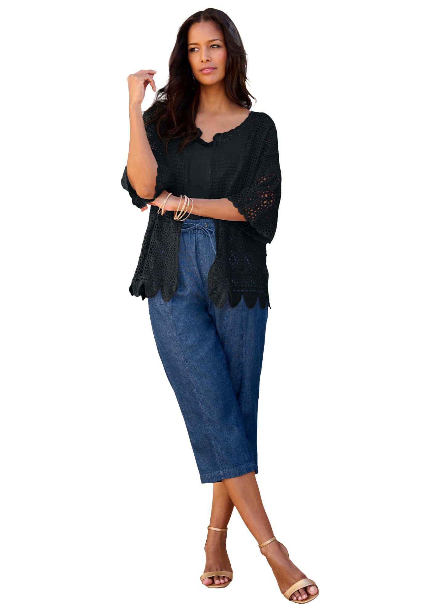 Romantic Plus Size Women's Crochet Cardigan with Scallop Trim - Boho Lace Cover-Up for Casual Outings & Beach Wear