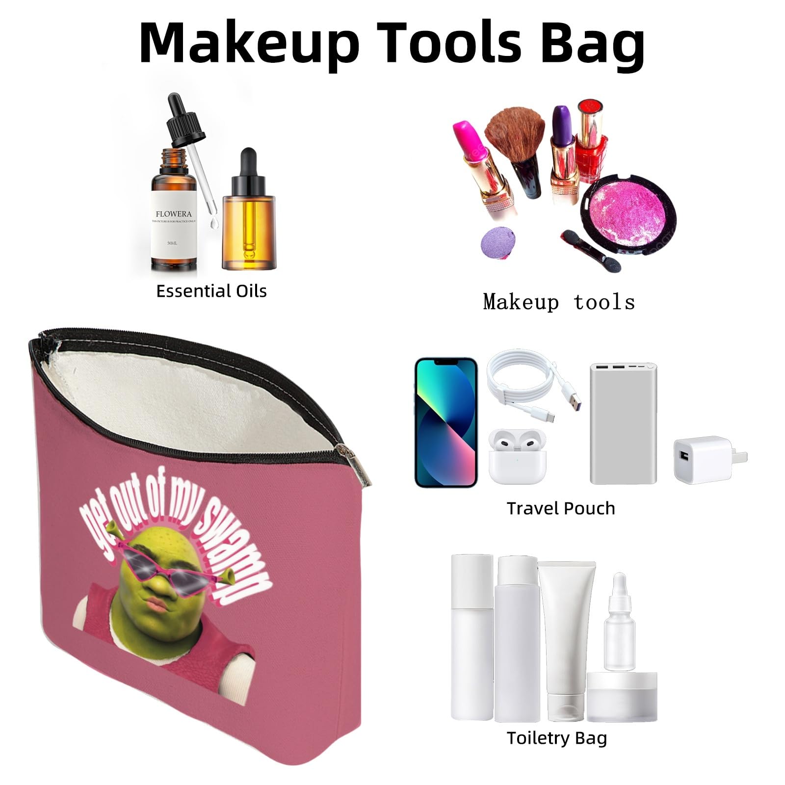Shrek Inspired Cosmetic Bag - Funny Movie Green Ogre Makeup Pouch for Fans | Pink Swamp Monster Themed Organizer with Zipper | Perfect for Daily Use, Travel & Gift for Shrek Lovers