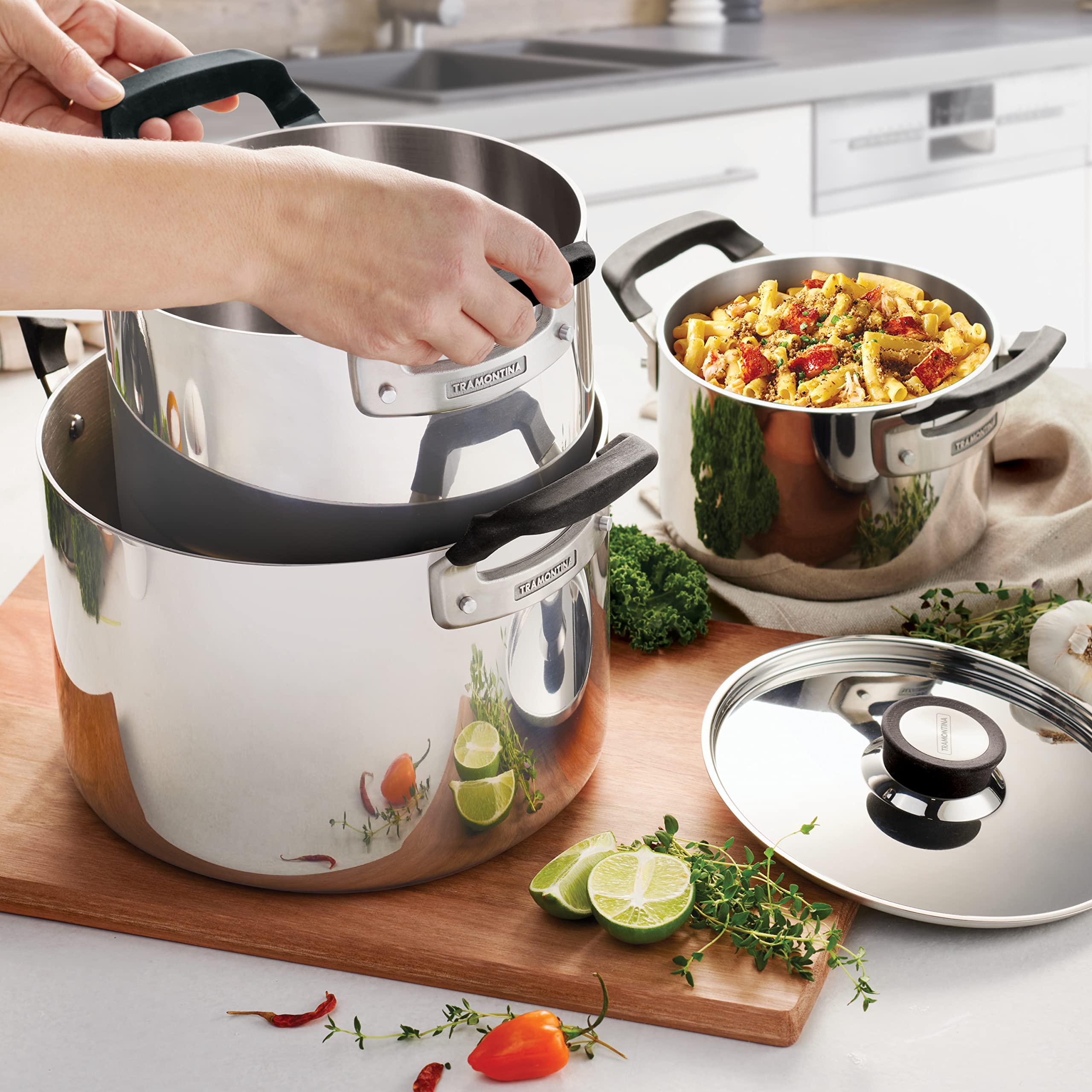 Tramontina 6-Piece Stainless Steel Tri-Ply Clad Cookware Set with Sauce Pan & Stock Pot - 80116/048DS | Nesting Design Saves Space | Perfect for Soups, Stews & Family Cooking