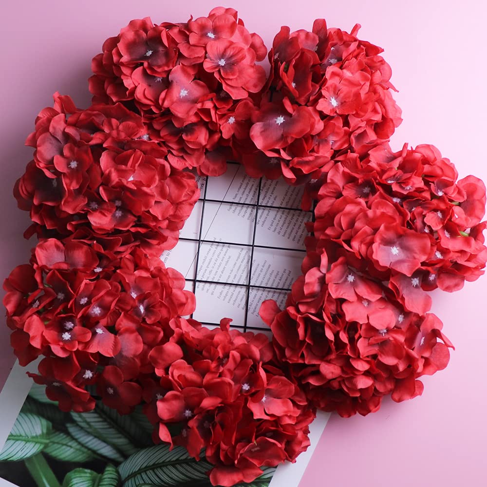 10 Pack Red Silk Hydrangea Flower Heads with Stems - DIY Wedding Bouquets, Centerpieces, Party Decorations - Perfect for Baby Showers, Home Decor & Floral Arrangements
