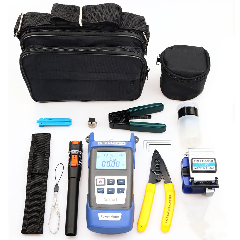 FTTH Fiber Optic Termination Tool Kit - Professional Fiber Optical Cable Cold Connection Kit with FC-6S Cleaver, 10mW Visual Fault Locator & Power Meter for CATV/FTTH Network Installation & Maintenance - Perfect for Telecom Engineers & Home Internet Setup