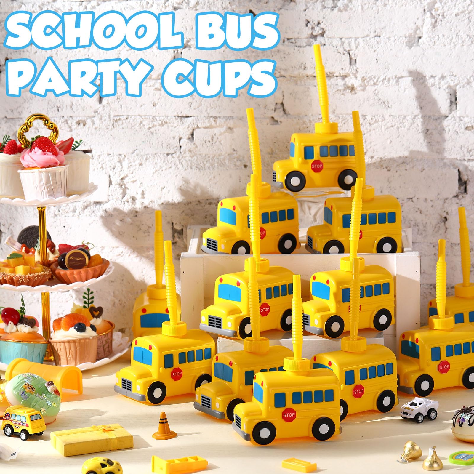 24-Pack Tanlade School Bus Shaped Plastic Cups with Straws - Reusable Party Favor Supplies for School Celebrations, First Day of School, Birthday Parties & Car Themed Events - Bulk Pack for Classroom Treats & Kids' Events