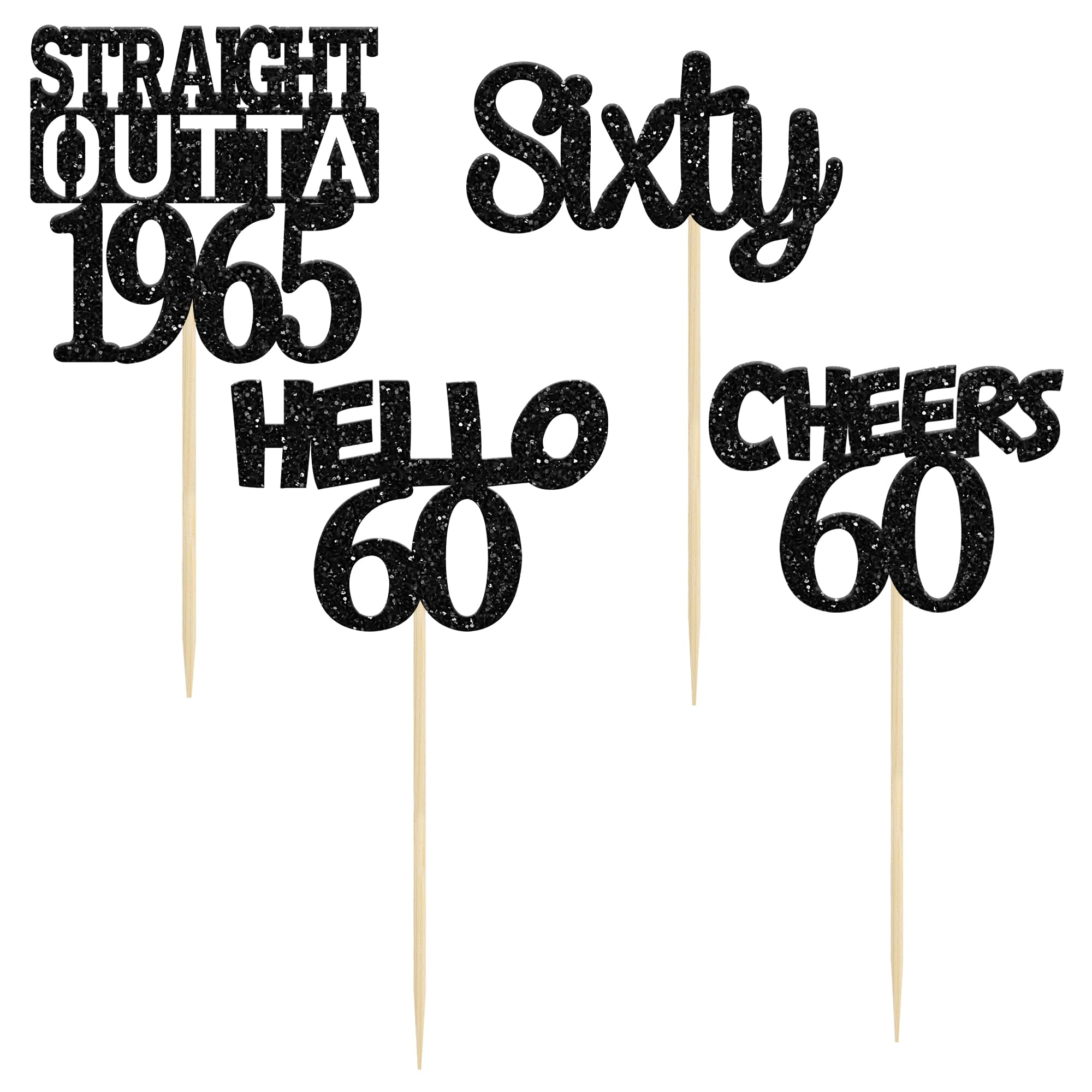 24 Pack Black 60th Birthday Cupcake Toppers - Glitter Sixty Straight Outta 1965 Decorations for Hello 60 Cupcakes | Cheers to 60 Years Anniversary Cake Supplies | Perfect for Milestone Birthdays, Retirement Parties & Golden Jubilee Celebrations