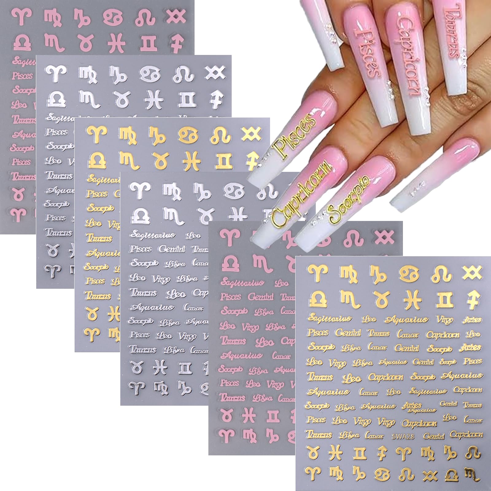 3D Zodiac Nail Stickers - 12 Constellation Nail Art Decals (Gold, Silver, Pink) for Women | Self-Adhesive Nail Design for Acrylic Tips & Manicures | Perfect for Parties, Weddings & Daily Nail Art