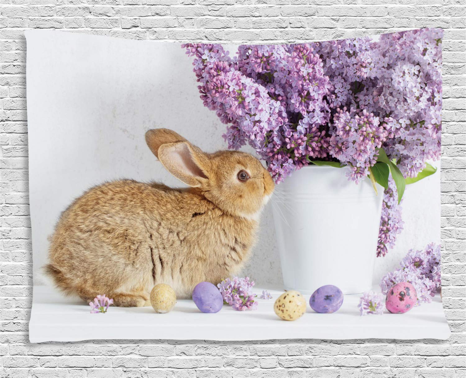 Ambesonne Easter Bunny Tapestry - Adorable Brown Rabbit with Lilac Flowers & Dyed Eggs Wall Hanging Decor for Bedroom, Living Room, Dorm - 80x60 Inches Multicolor Floral Design - Perfect for Easter Decorations, Spring Home Decor & Gift Ideas