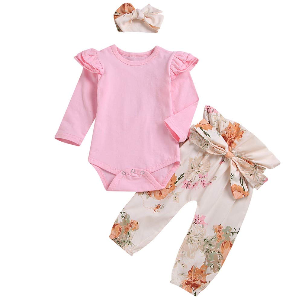 WOCACHI Baby Girls Outfits Set - 3PC Long Sleeve Romper Bodysuits with Pants & Headband for Toddler & Infant | Perfect for Playdates, Photo Shoots & Everyday Wear