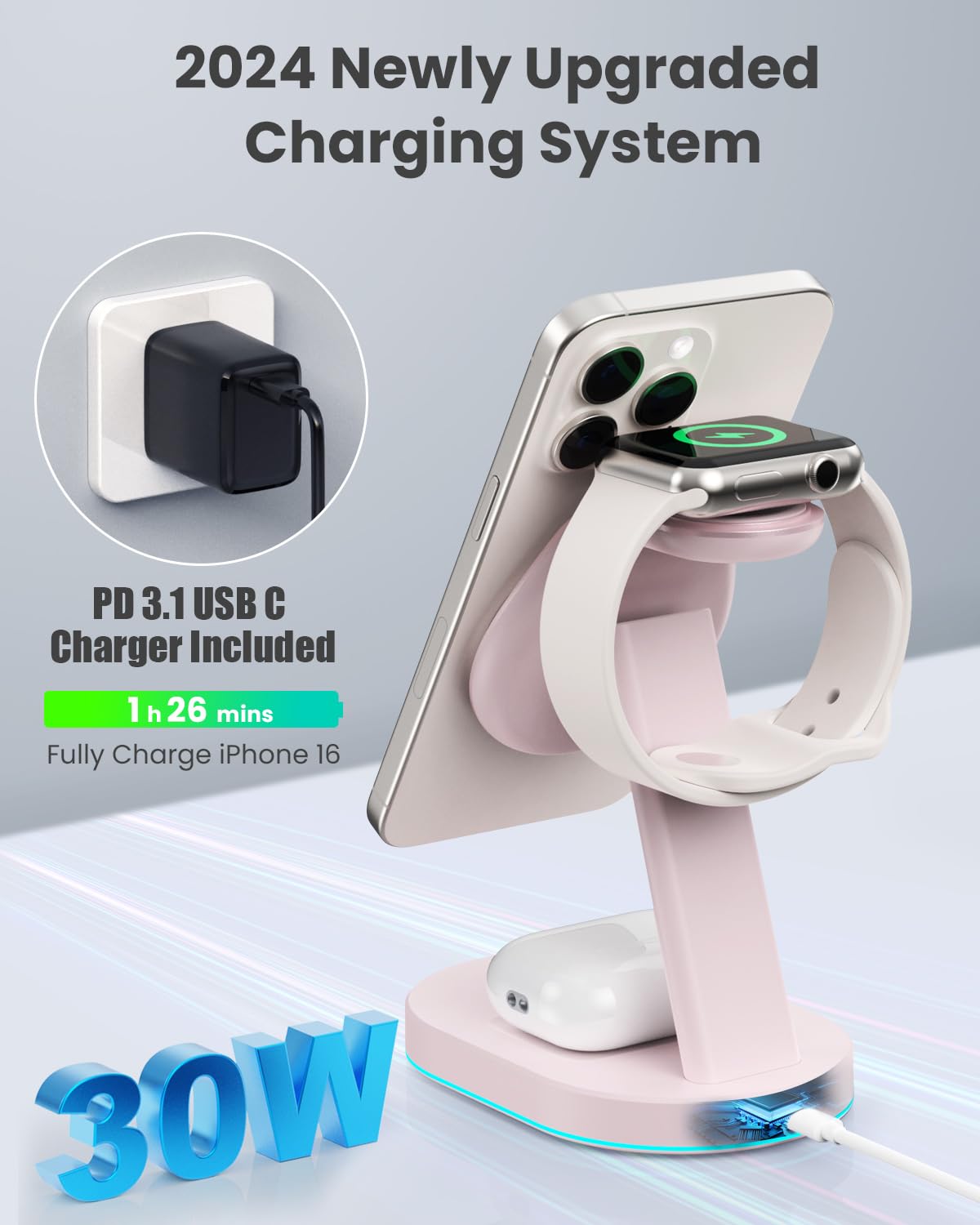 3-in-1 Magnetic Wireless Charging Station for iPhone 16/15/14/13/12 - Qi2 Certified 15W Fast Charger with MagSafe Stand, 30W USB-C Adapter & Night Light - Compatible with Apple Watch & AirPods - Perfect for Bedside, Office & Travel Charging