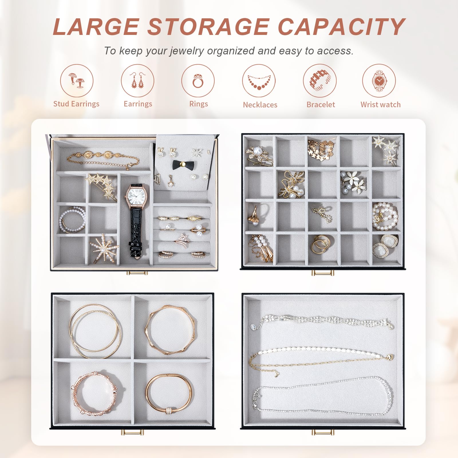 4-Layer Large Jewelry Organizer Box for Women with 3 Drawers - Modern Storage Case for Earrings, Rings, Bracelets & Necklaces (Black) | Perfect for Bedroom Vanity, Travel & Gift Giving