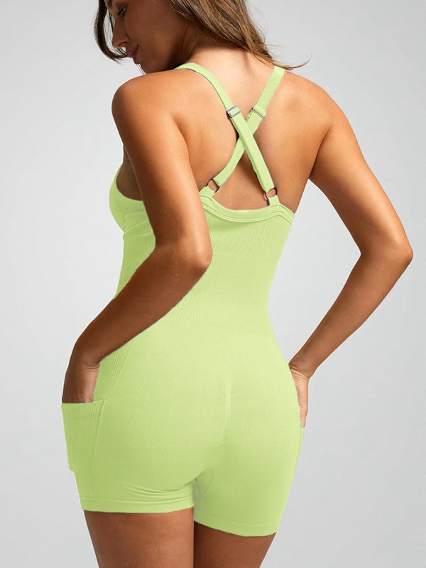 ZASUWA Women's Ribbed Pocket Cross Back Scrunch Bum Seamless Romper Jumpsuit - Perfect for Yoga, Gym, Workout & Lounge Wear