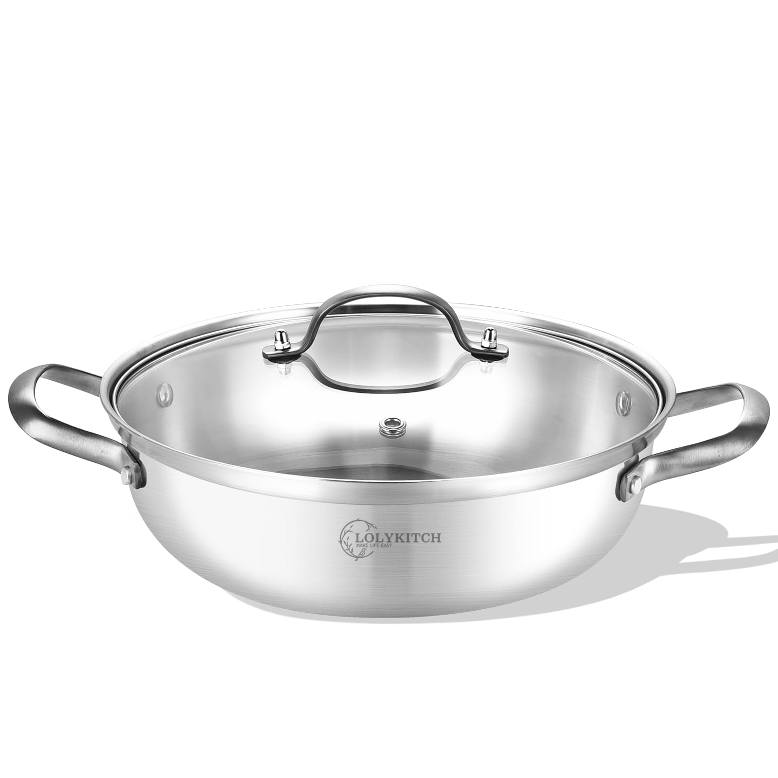 LOLYKITCH 14 Inch Tri-Ply Stainless Steel Sauté Pan with Lid - Induction Compatible, Oven & Dishwasher Safe (7 Quart) - Perfect for Frying, Sautéing & Everyday Cooking | Kadhai, Large Skillet, Jumbo Cooker for Home & Restaurant Use