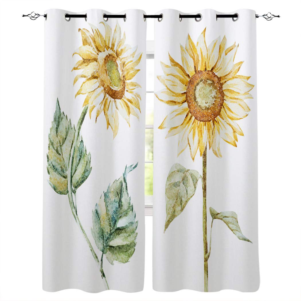 Floral Curtains for Kitchen, Bathroom & Bedroom - 39 Inch Sunflower Pattern Window Treatments (Set of 2 Panels) | Modern Home Decor for Living Room, Patio Door & Drapes | Light Filtering & Handsfree Design