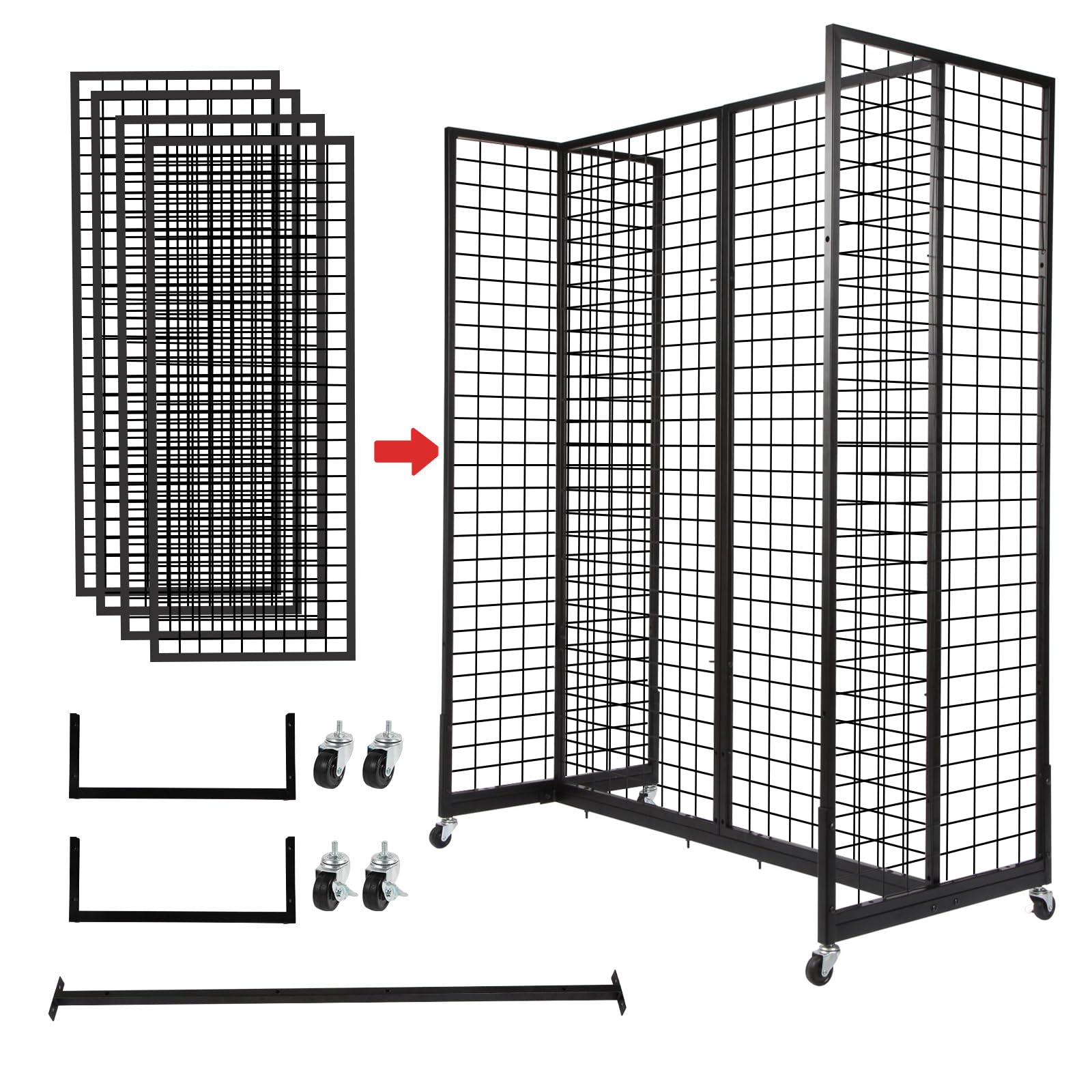 4-Piece 2'x5' Grid Wall Panels with Wheels - Heavy Duty Grid Gondola Display Unit for Craft Shows, Art Exhibits & Retail Stores - Black Gridwall Stand for Versatile Merchandising & Product Display