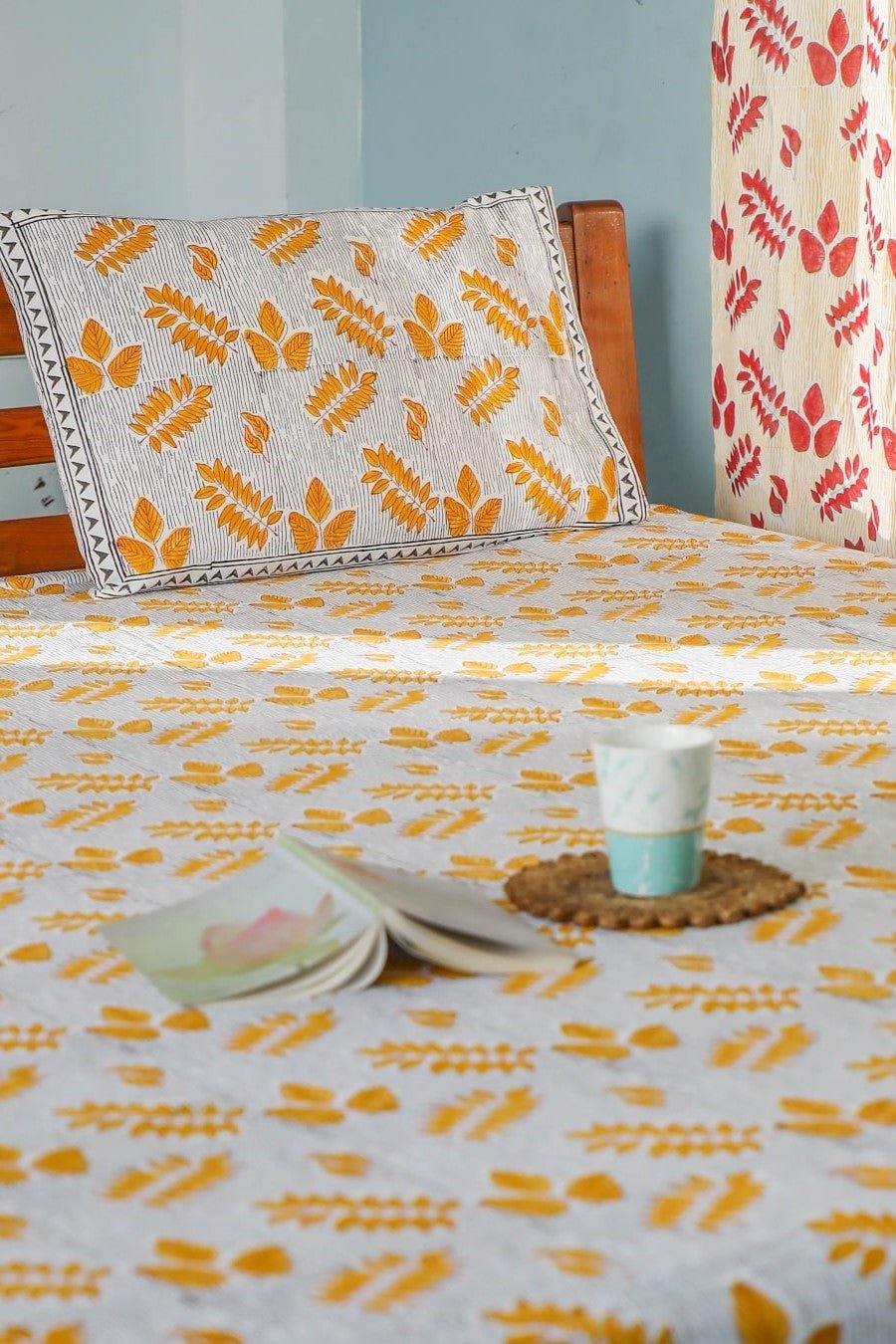 Autumn Fest Handblock Printed Cotton Bedsheet - Premium Indian Handmade Bedding Set for Fall Season | Perfect for Cozy Bedroom Decor & Guest Room Essentials