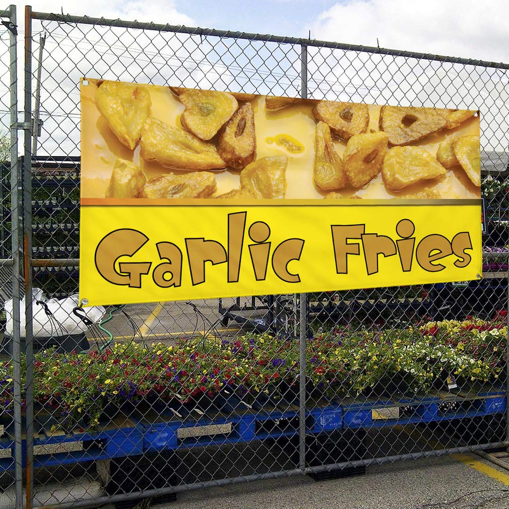 Premium Vinyl Banner - 48x96 Inches with 8 Golden Grommets | Weatherproof Outdoor Advertising Sign for Food & Beverage Business (Garlic Fries Promotion) | Perfect for Yard Sales, Festivals & Restaurant Marketing