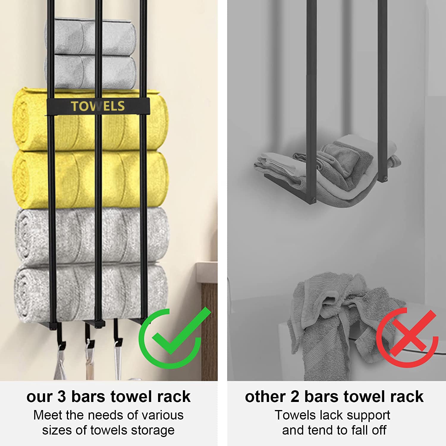 Stainless Steel Wall Mounted Towel Rack with Storage Shelf & 3 Hooks - Space Saving Bathroom Organizer for Rolled/Folded Towels & Washcloths - Perfect for Small Bathrooms, Spa, Gym & Laundry Room Organization