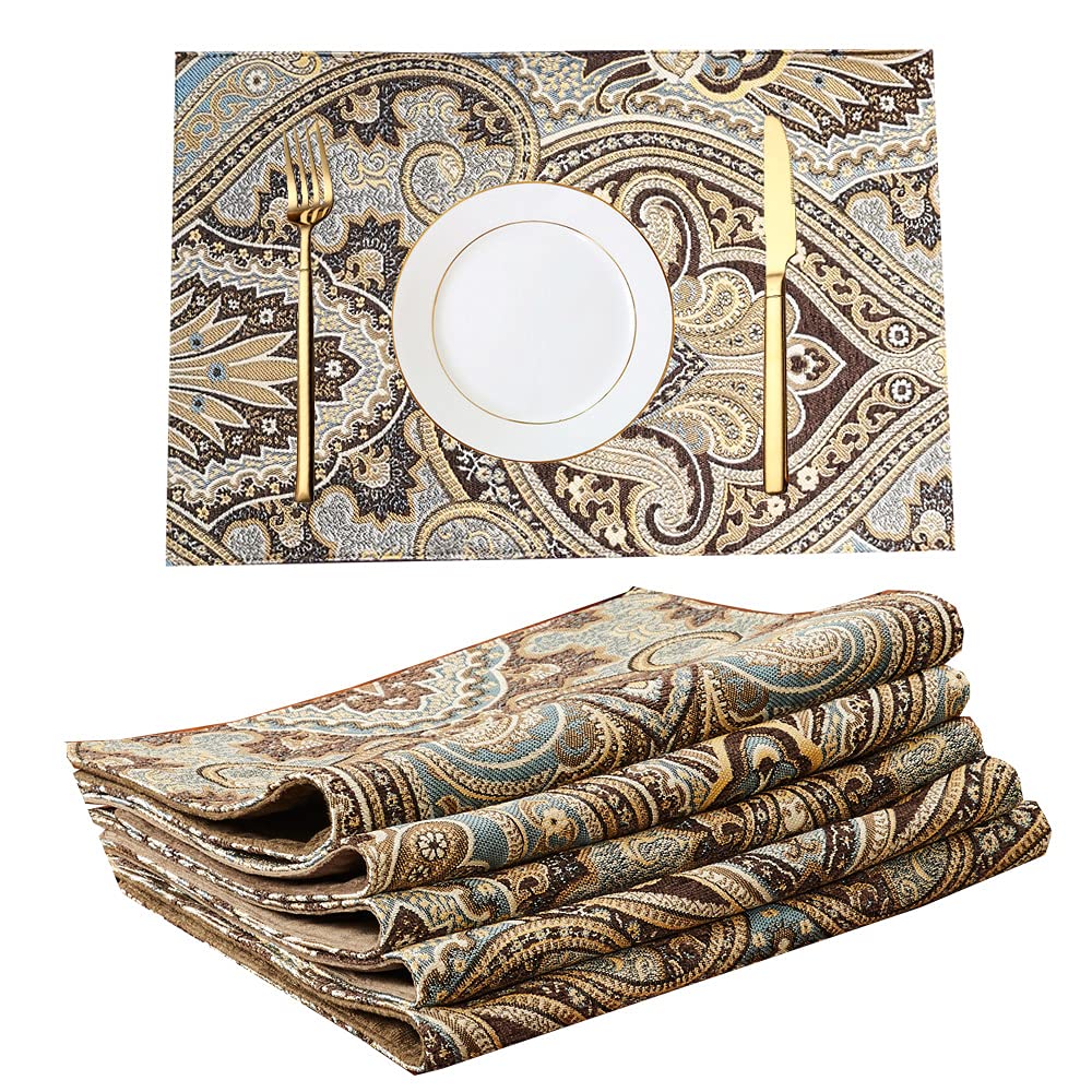 Luxury Retro Fabric Placemats Set of 6 - Machine Washable, Non-Slip & Heat Resistant - Elegant Dining Table Mats for Indoor Use (Coffee Brown) - Perfect for Dinner Parties, Holiday Gatherings & Everyday Meals