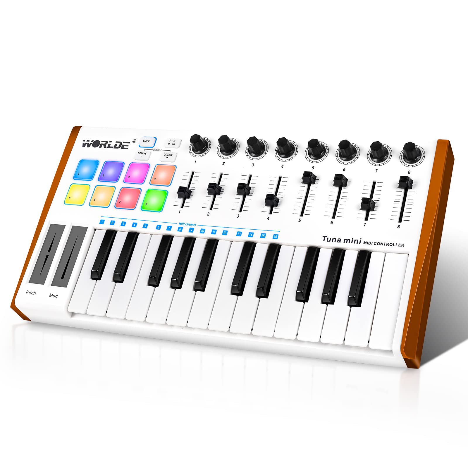 Vangoa Worlde 25-Key MIDI Keyboard Controller with Drum Pads - Portable USB Beat Maker for Music Production | 8 Knobs, 8 Faders & Pedal Interface | Perfect for Beginners & Home Studio Recording (White)