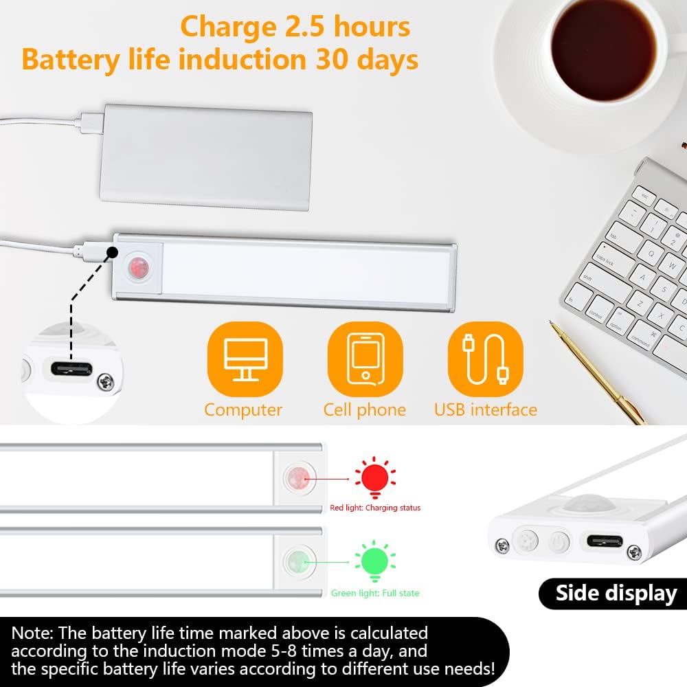 2 Pack Wireless USB Rechargeable PIR Motion Sensor LED Cabinet Light - Under Counter Closet Lighting, 2700K-6500K Adjustable Color Temperature for Kitchen, Wardrobe, Hallway - Perfect for Dark Spaces & Nighttime Use