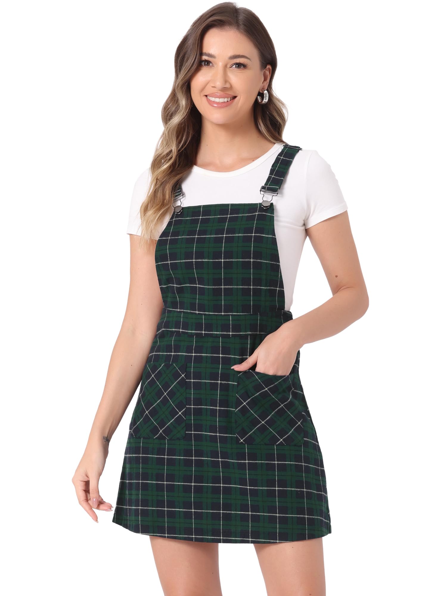 Allegra K Women's Adjustable Strap Plaid Print Suspender Dress - Knee-Length Overalls Skirt for Casual Outings & Spring Fashion