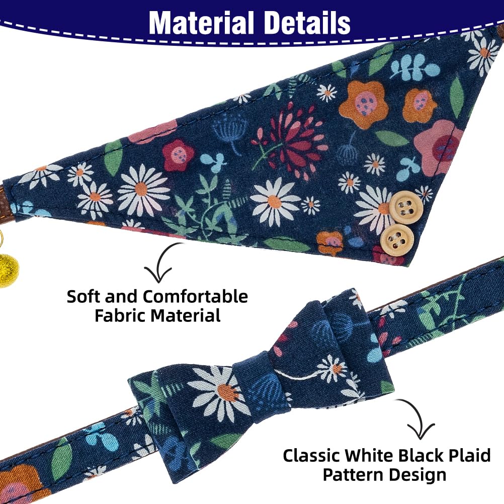 EXPAWLORER Adjustable Dog Collar & Leash Set with Plaid Bow Tie, Bandana & Bell - Tangle-Free Pet Leash for Small Medium Large Dogs & Cats - Perfect for Holidays, Walks & Gifting