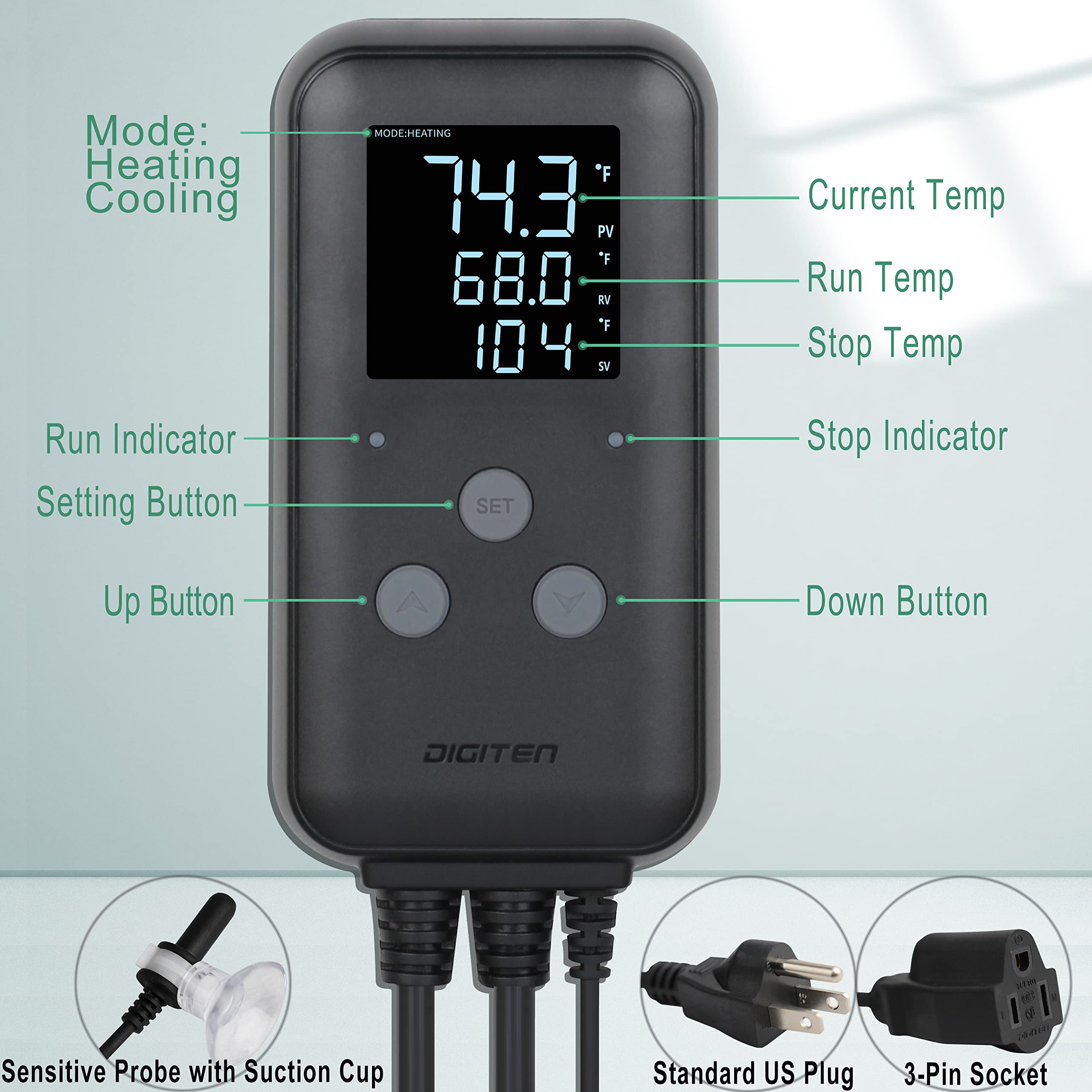 DIGITEN DTC310 Digital Waterproof Temperature Controller - 10A Thermostat for Aquarium, Greenhouse, Seedling Heat Mat - Precise Temperature Control for Indoor/Outdoor Use