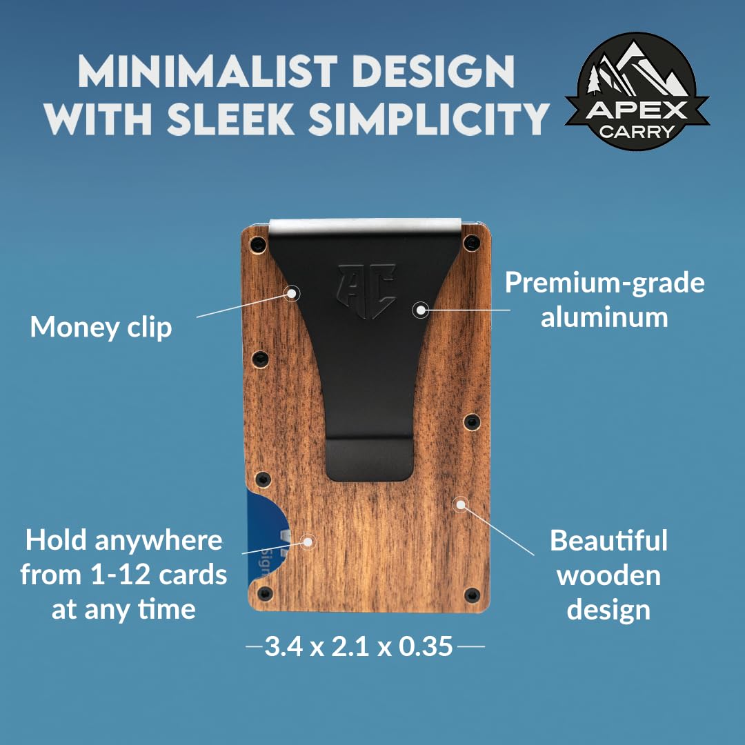 Slim RFID Blocking Minimalist Wallet for Men - Front Pocket Metal Credit Card Holder with Money Clip (Walnut) - Perfect for Travel, Business & Everyday Carry