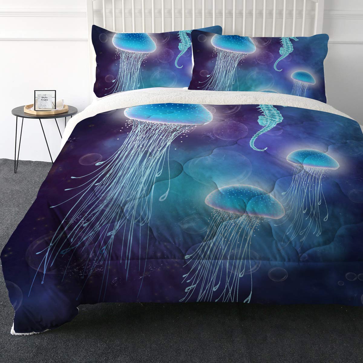 Ultra-Soft Micromink Sherpa Comforter Bed Set - 3D Lightweight Fuzzy Duvet Blanket with Polyester Filler - 2 Pillow Shams Included (Blue Jellyfish, King Size) - Perfect for Cozy Winter Nights & Bedroom Decor