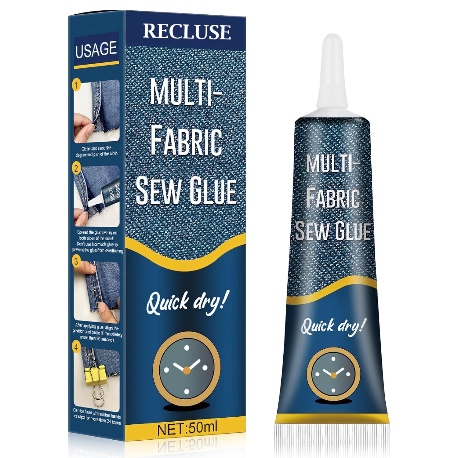 RECLUSE Fabric Glue - Permanent Clear Washable Adhesive for Clothes, Leather, Patches | Extra Strong Waterproof Bond | No-Sew, No-Nail Multi-Purpose Glue | Ideal for DIY Crafts, Clothing Repairs & Upholstery Projects