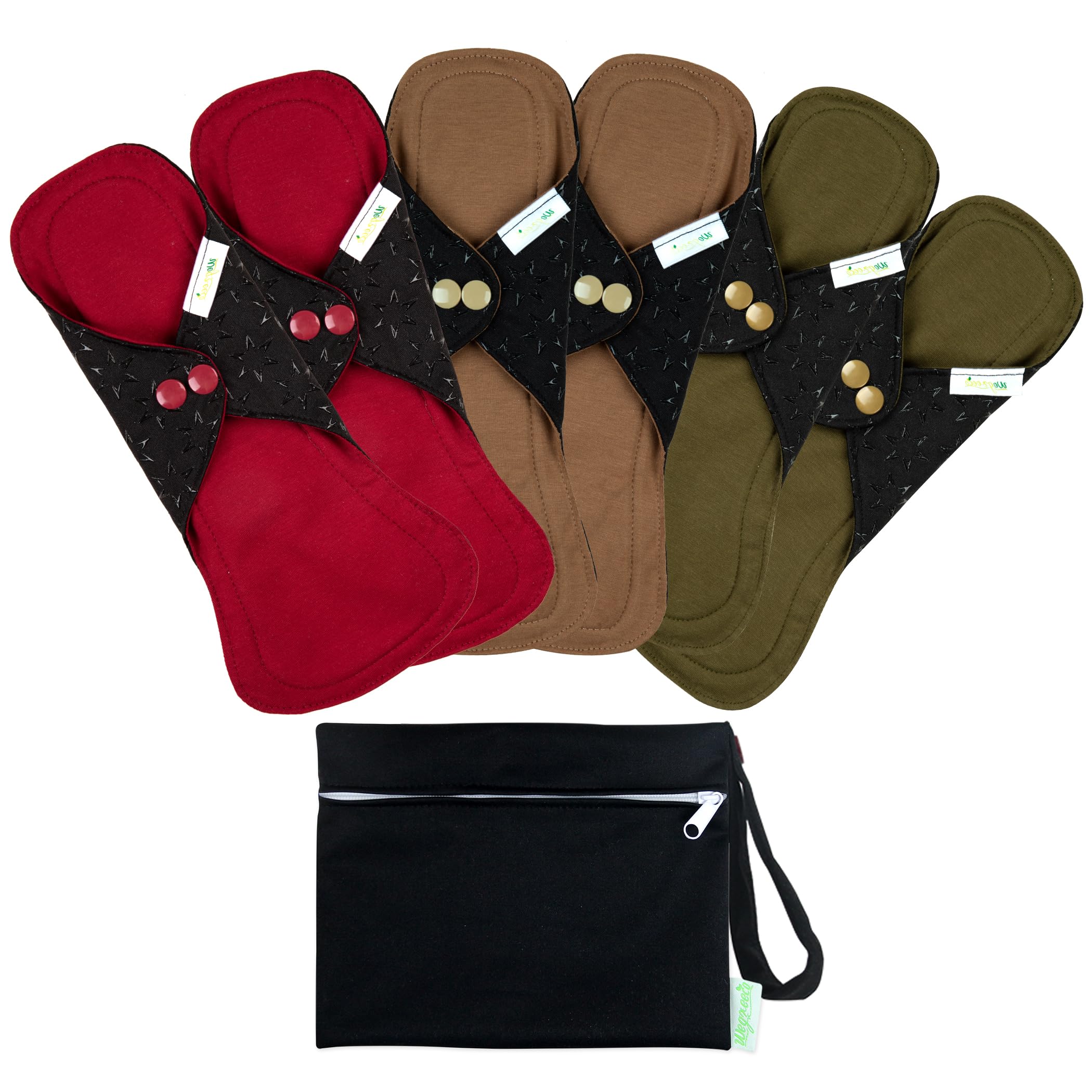 Wegreeco 6 Pack Reusable Menstrual Pads - Ultra Absorbent Cloth Sanitary Pads for Heavy Flow, Teens & Women | Non-Slip Panty Liners with Storage Bag (Aqua, Burgundy, Coffee, Small) | Perfect for Travel, Work & Active Lifestyle