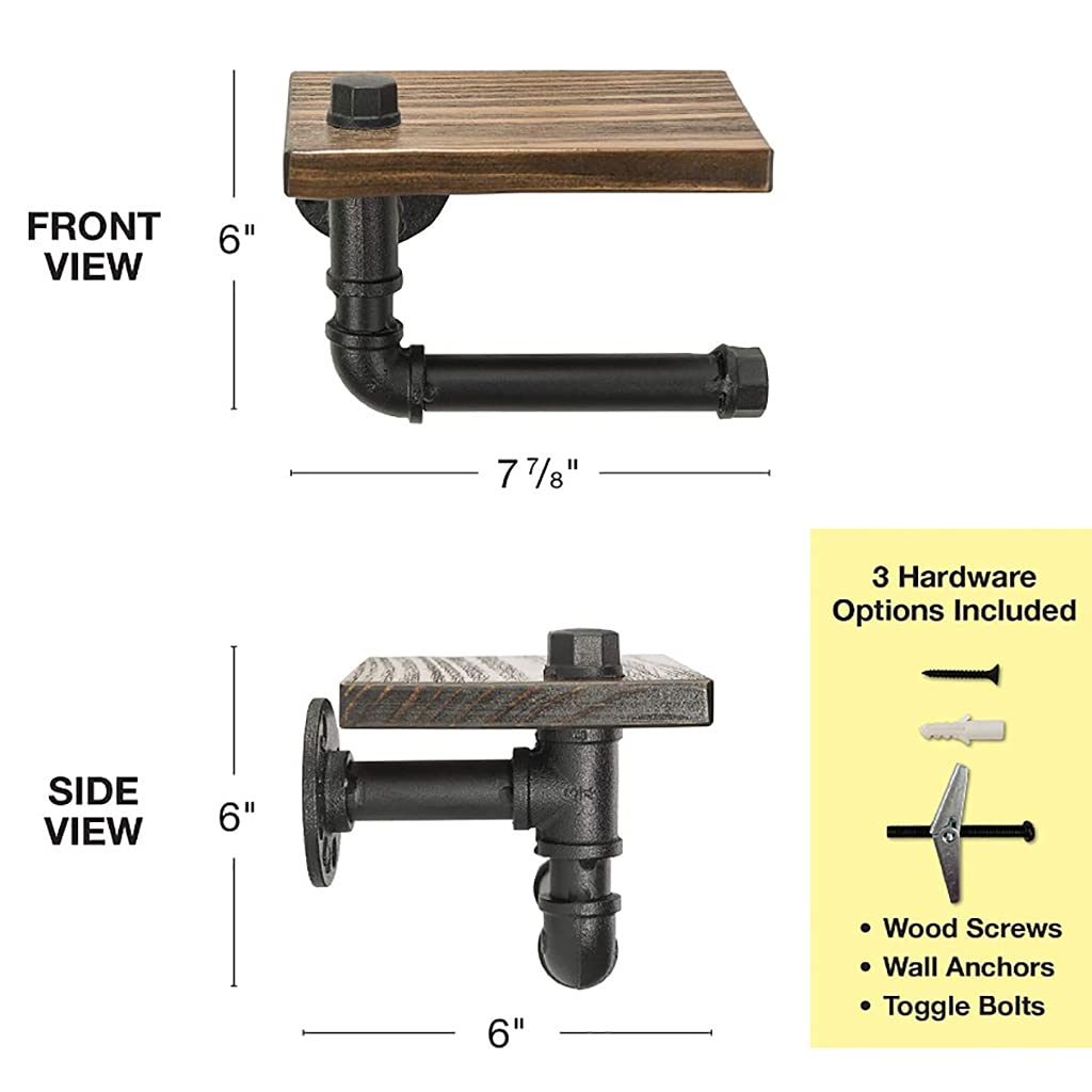 Vintage Wrought Iron Water Pipe Toilet Paper Holder with Wooden Shelf - Wall Mounted Bathroom Tissue Roll Dispenser with Storage (24x15x14.5cm) - Perfect for Farmhouse, Industrial & Retro Style Bathrooms