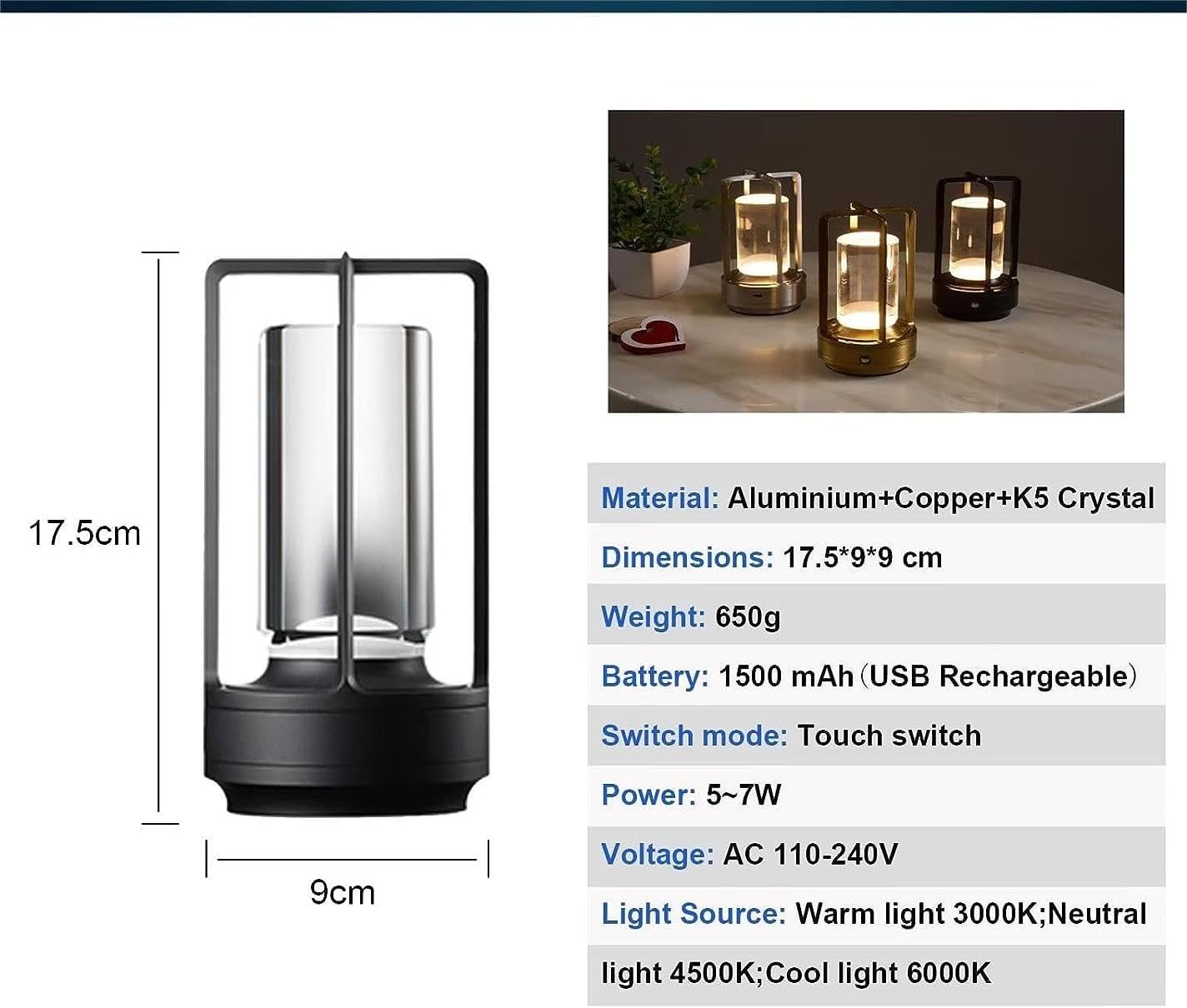 Lumisom Crystal Lantern Lamp - Touch Control Cordless LED Table Lamp with Metal Base, Nightstand Light for Bedroom Decor (Gold) | Perfect for Romantic Ambiance, Wedding Centerpiece & Cozy Home Lighting