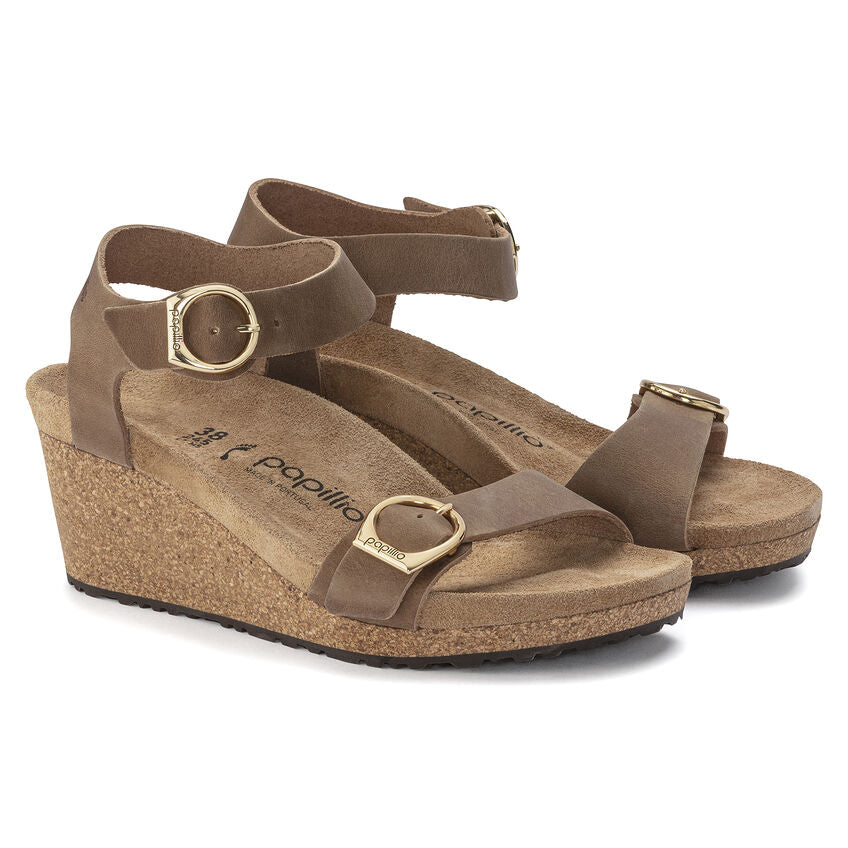 Birkenstock Soley Ring Buckle Leather Wedge Sandal in Cognac - Comfortable Women's Casual Sandals for Summer Outings & Beach Vacations