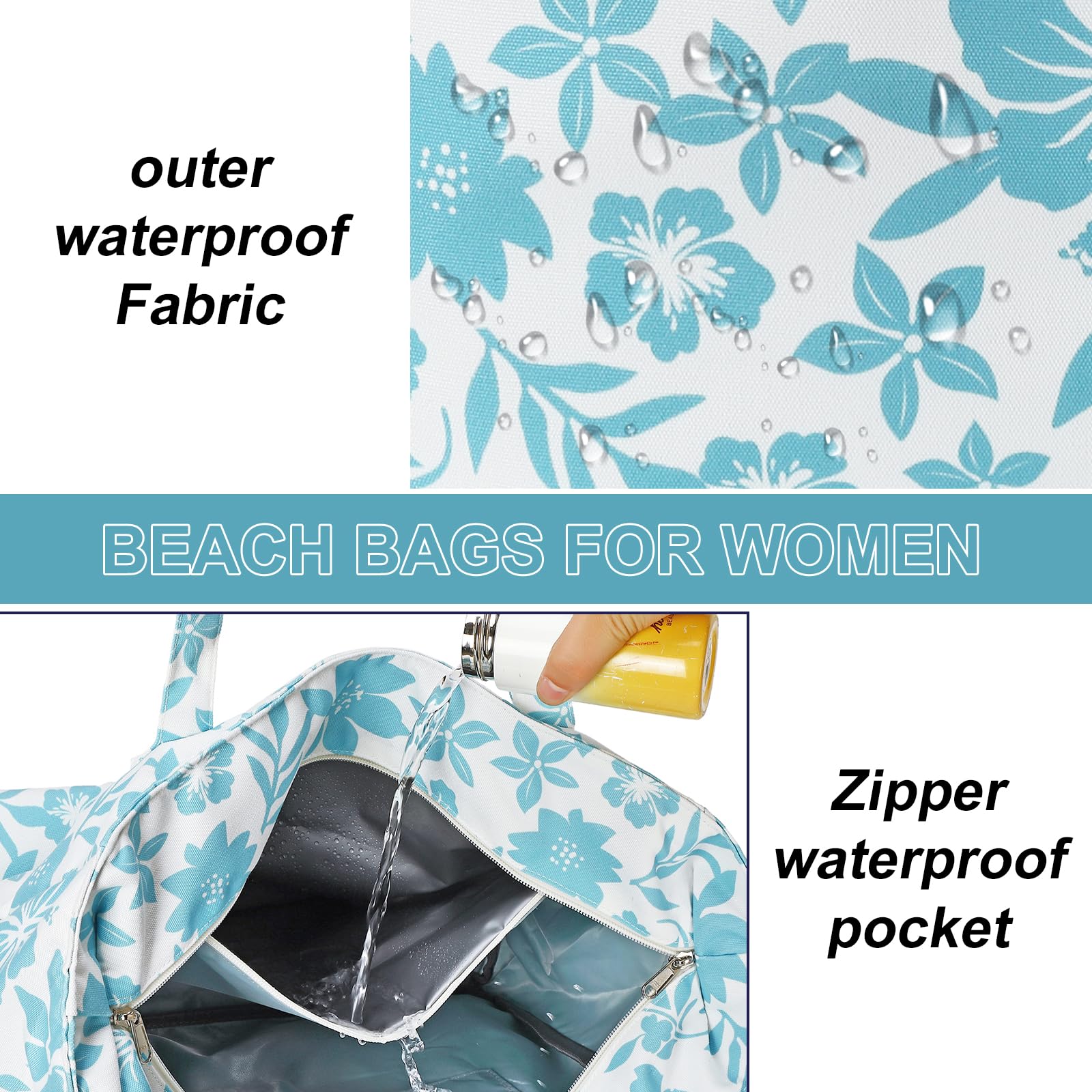 LEDAOU Large Waterproof Beach Tote Bag for Women - Sandproof Zippered Pool & Gym Bag with Wet Pocket - Perfect for Beach, Travel, Shopping & Groceries