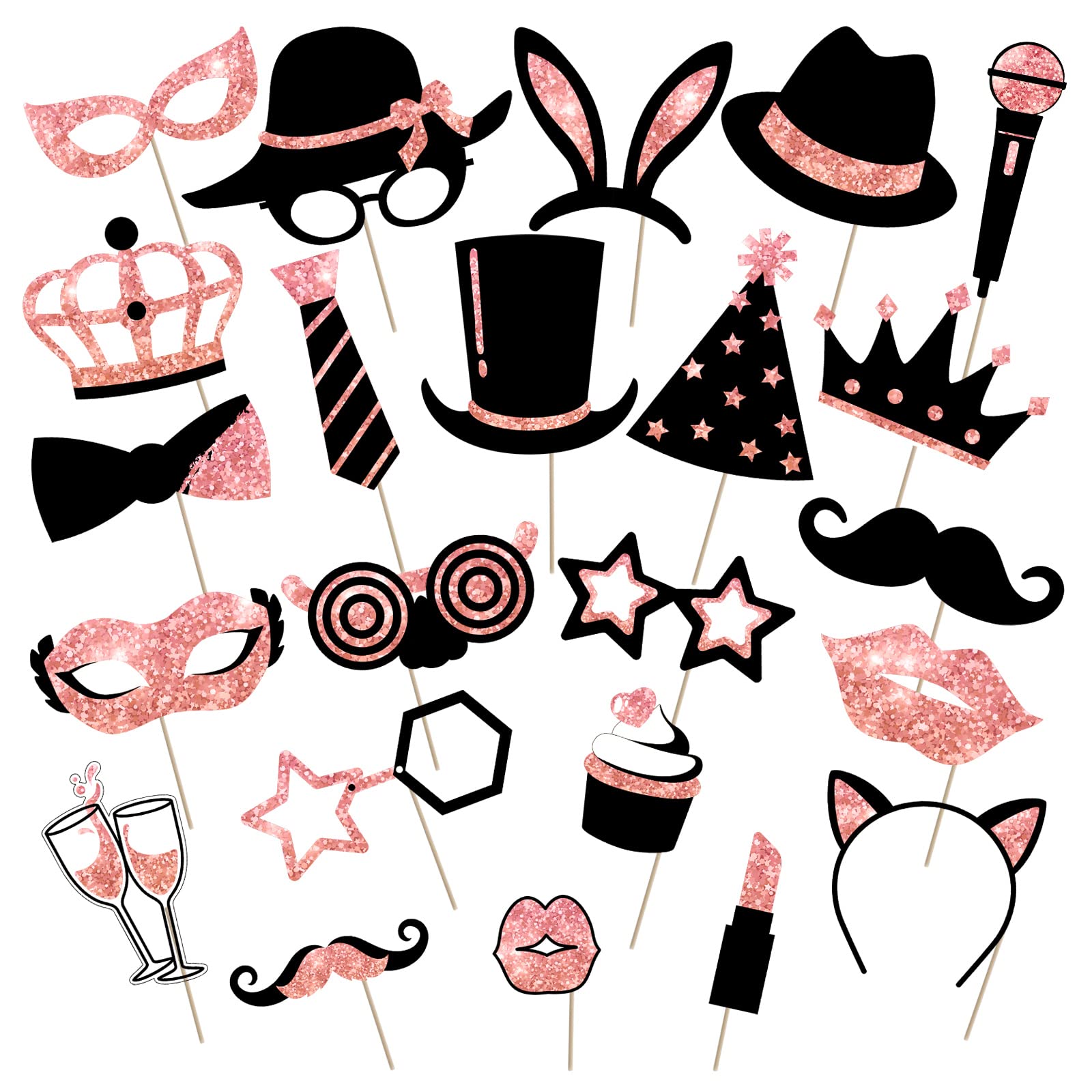 24-Piece Funny Photo Booth Props Set - Hats, Lipstick, Tie & Crowns (Rose Gold) for Birthday, Wedding, Graduation, Prom, Disco & Mardi Gras Parties - Perfect for Social Media Photos & Themed Events