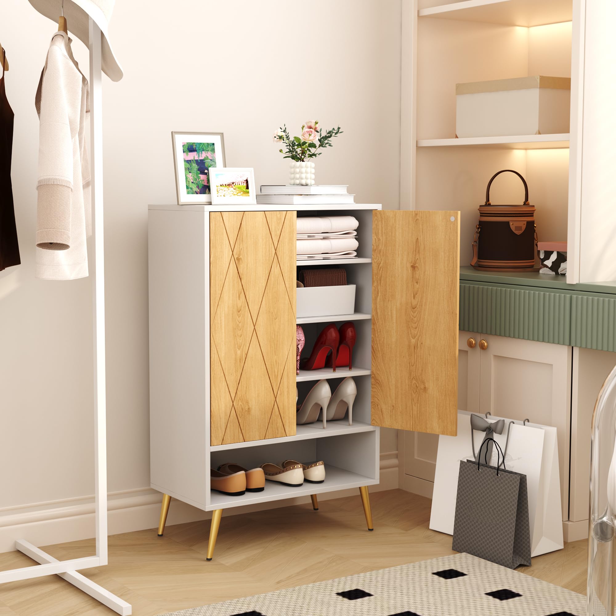 HOMEFORT 18-Pair Shoe Storage Cabinet - 6-Tier Modern Shoe Rack Organizer with Double Doors & Adjustable Shelves for Entryway, Closet or Bedroom - White Oak Shoe Cabinet for Narrow Spaces