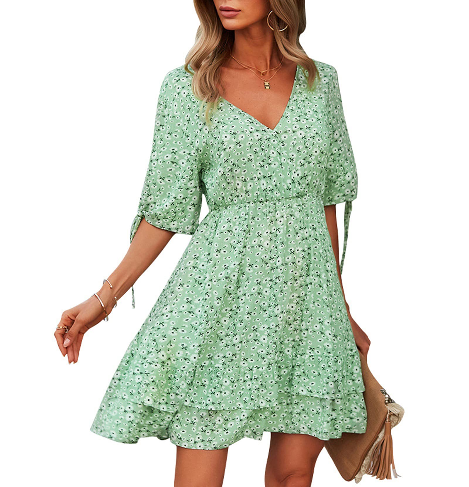 AELSON Women's Floral Boho Dress - V Neck Short Sleeve Ruffle Mini Dress with High Waist & Flowy Fit | Perfect for Summer Parties, Beach Vacations & Date Nights