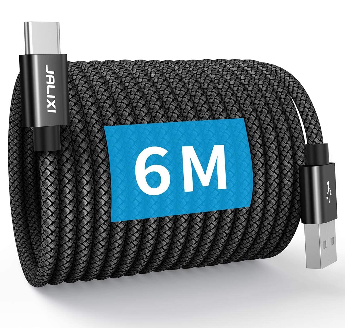 JALIXI 6M USB C Fast Charging Cable - Extra Long Nylon Braided Type C Cord for PS5 Controller, Samsung Galaxy Tab A7/A8, S10/S23/S24/A55 - Durable High-Speed Charger for Gaming & Mobile Devices (Black) - Perfect for Long-Distance Gaming & Fast Charging On The Go