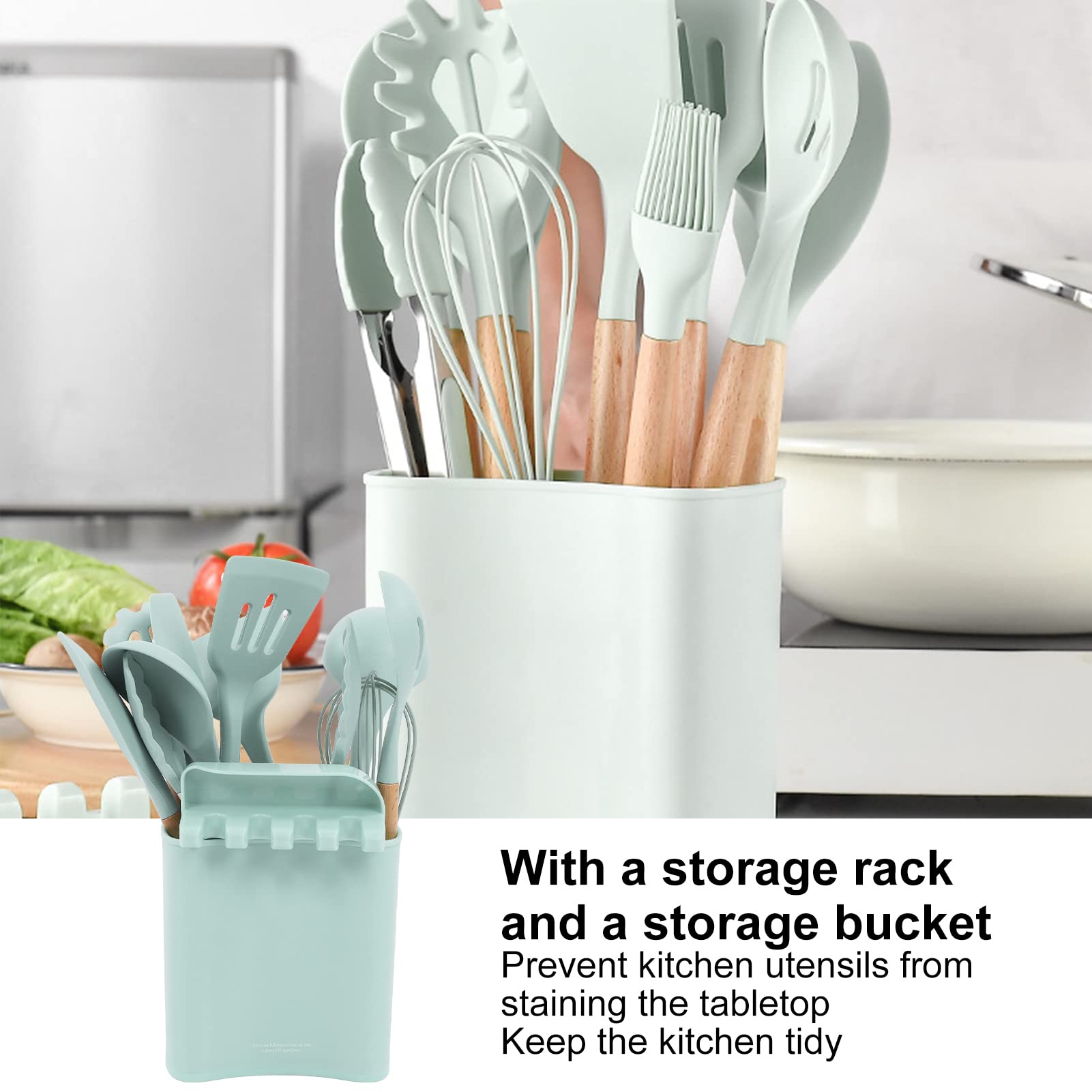 13-Piece Silicone Cooking Utensil Set with Wooden Handles & Holder - Safe for Nonstick Cookware, Heat Resistant Kitchen Tools for Baking, Frying & Everyday Cooking